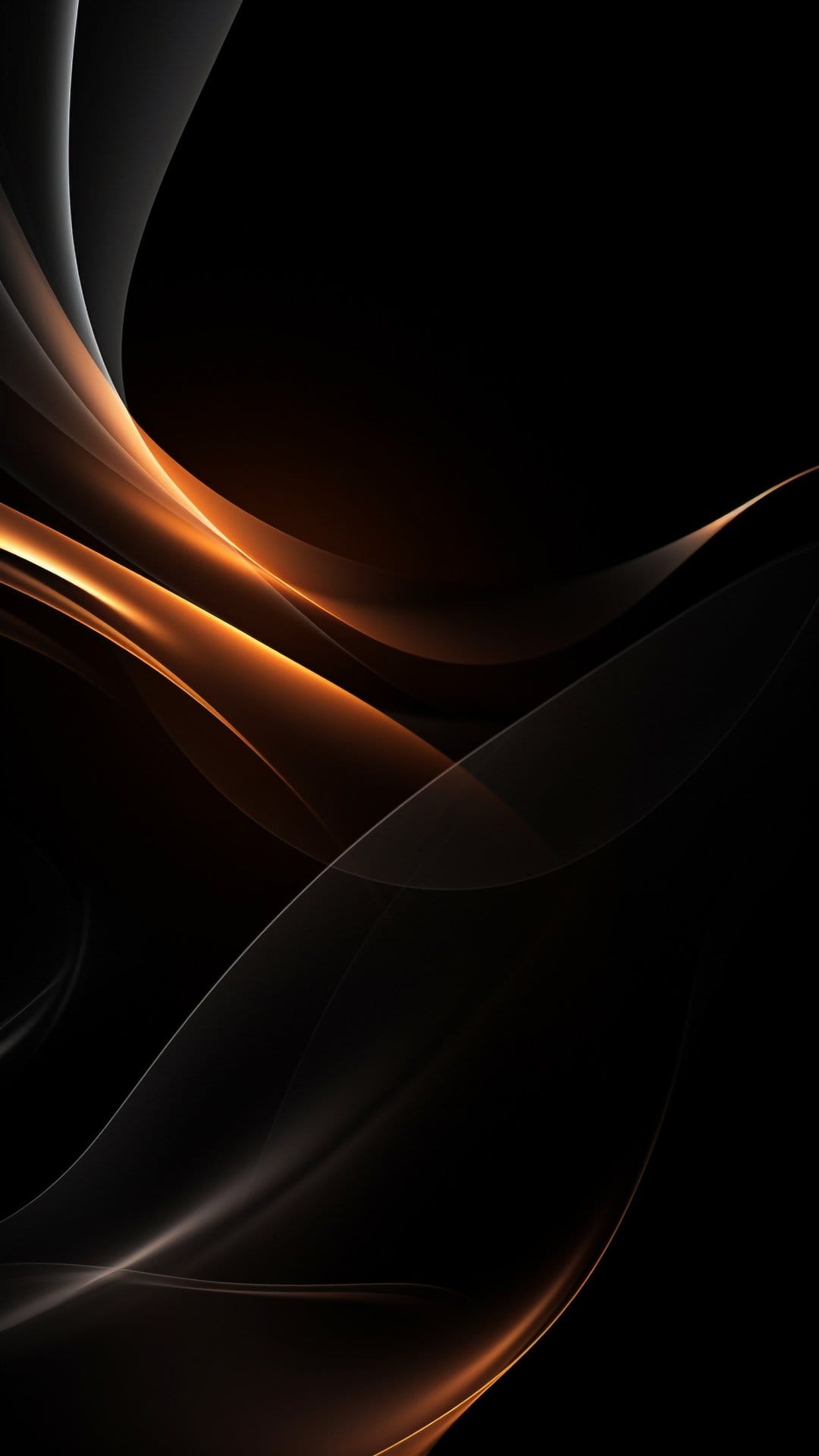 Glowing orange and gold wavy lines flow horizontally across a solid black background with soft light gradients.