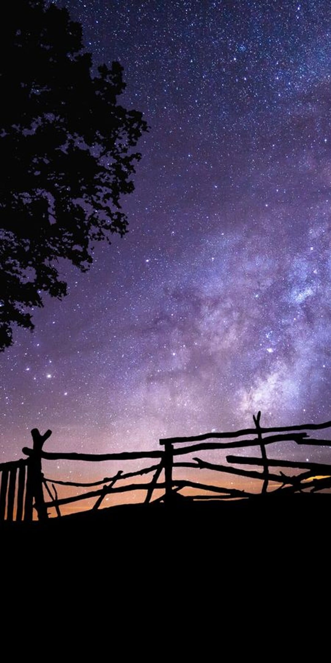 Purple nebula clouds and twinkling stars fill a night sky above the silhouette of a wooden fence and leafy tree.
