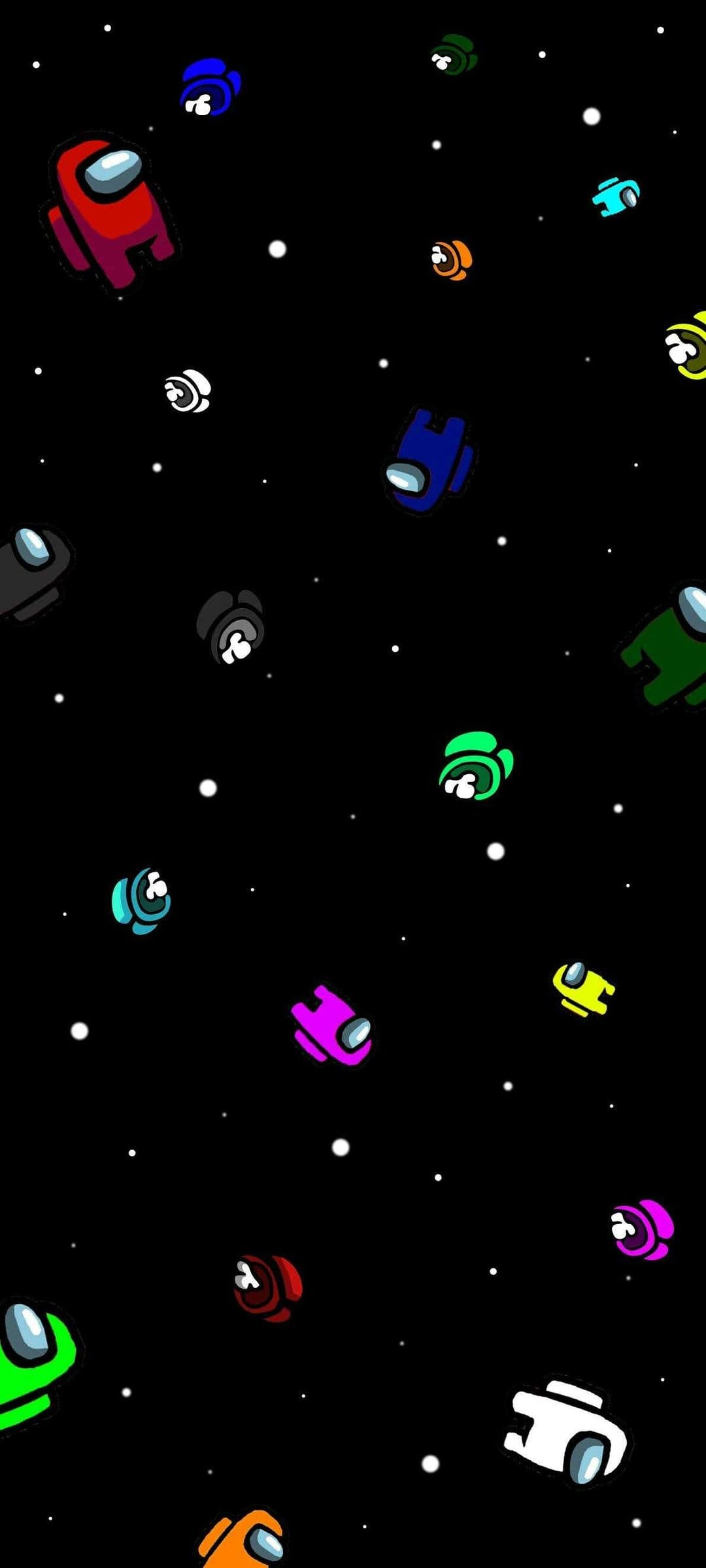 Among Us characters floating at different angles against a dark black background with small white stars.