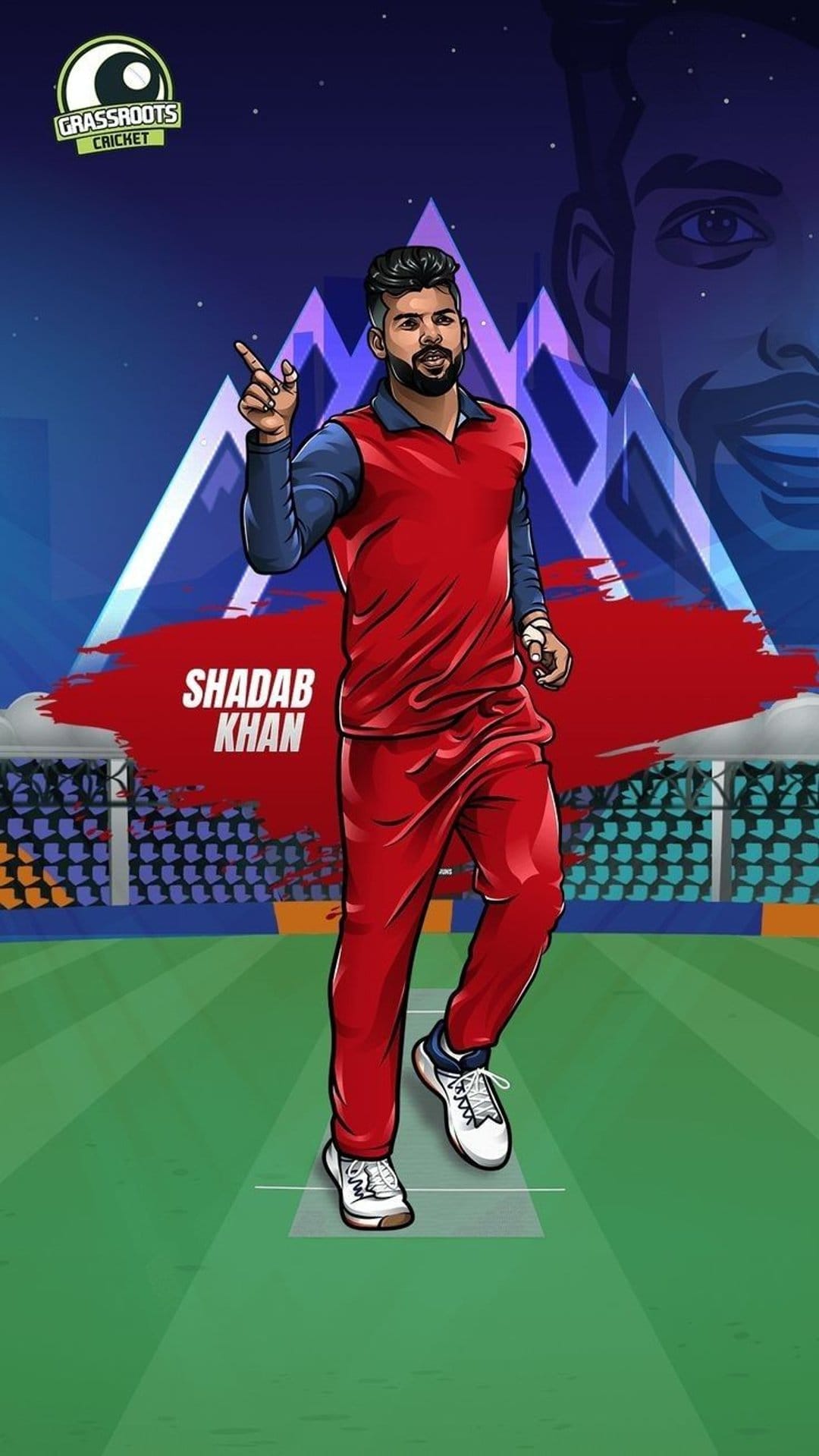 Shadab Khan in a red and blue kit points up while celebrating a wicket against a stylized stadium background.