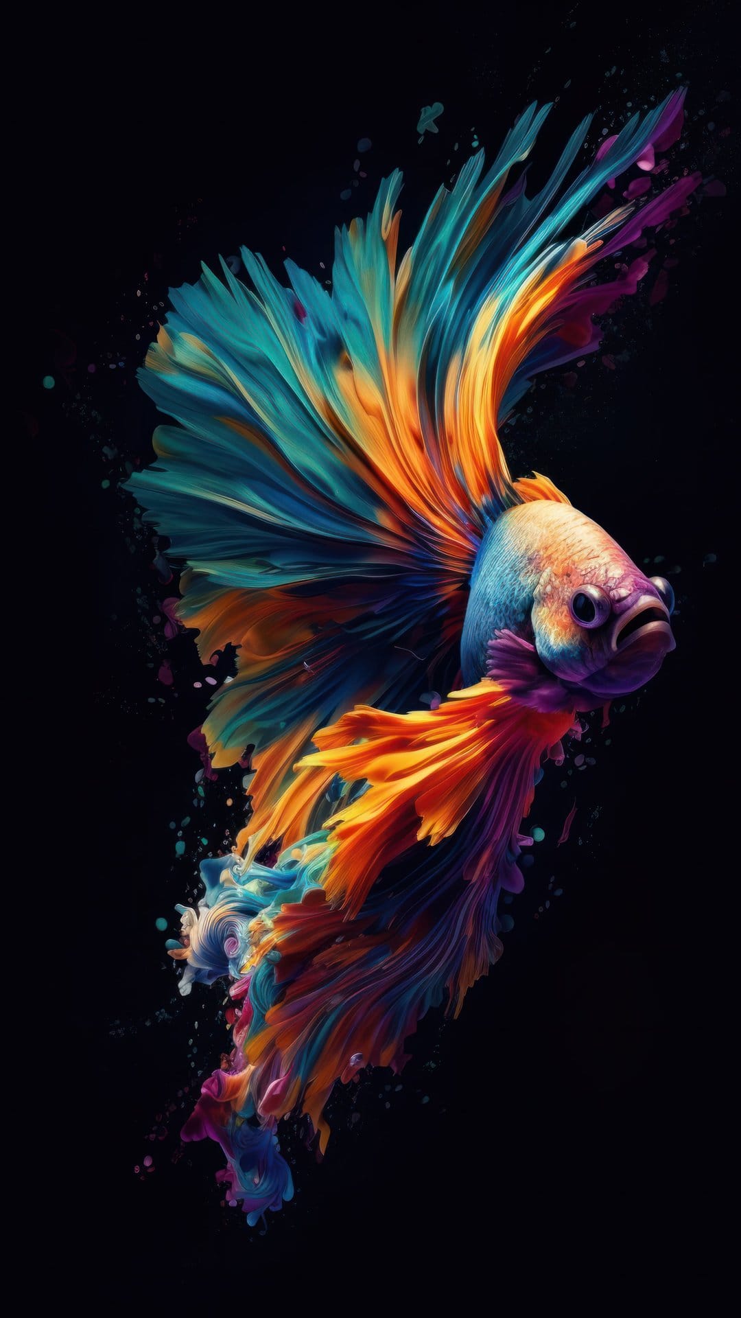 Blue Betta fish with wide orange and purple flowing fins floating gracefully against a deep black background.