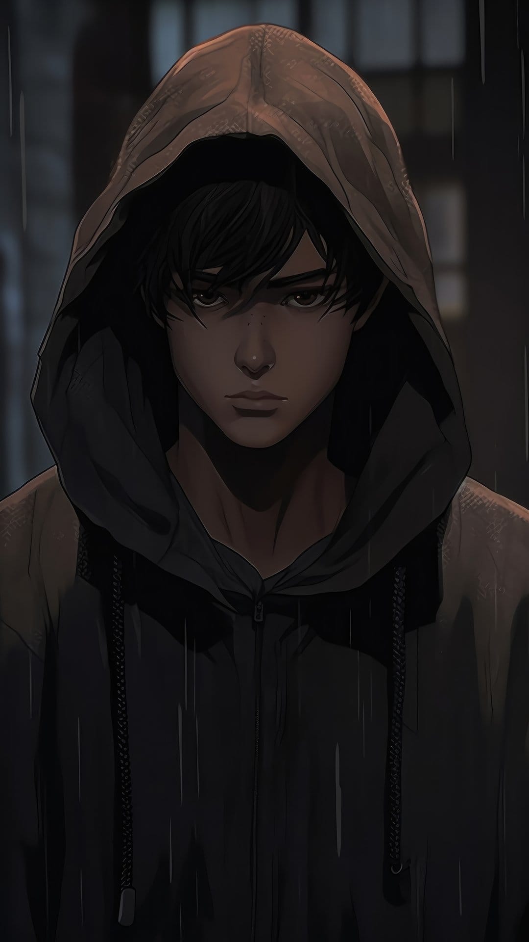 Anime boy with wet dark hair wears a black hoodie while standing in the rain with a somber expression.