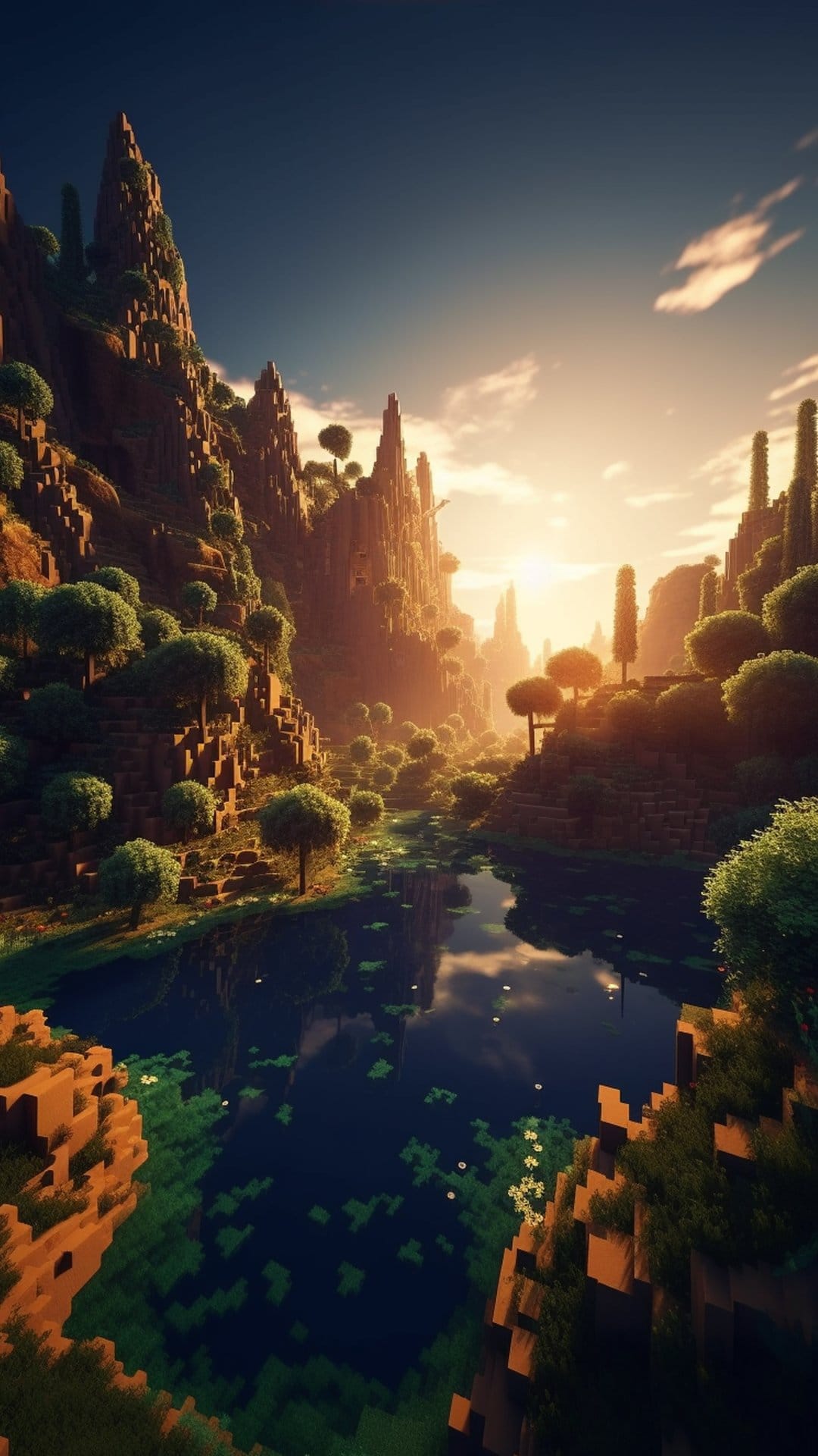 Geometric canyon walls and a blue river under an orange sunset sky with scattered blocky green trees.