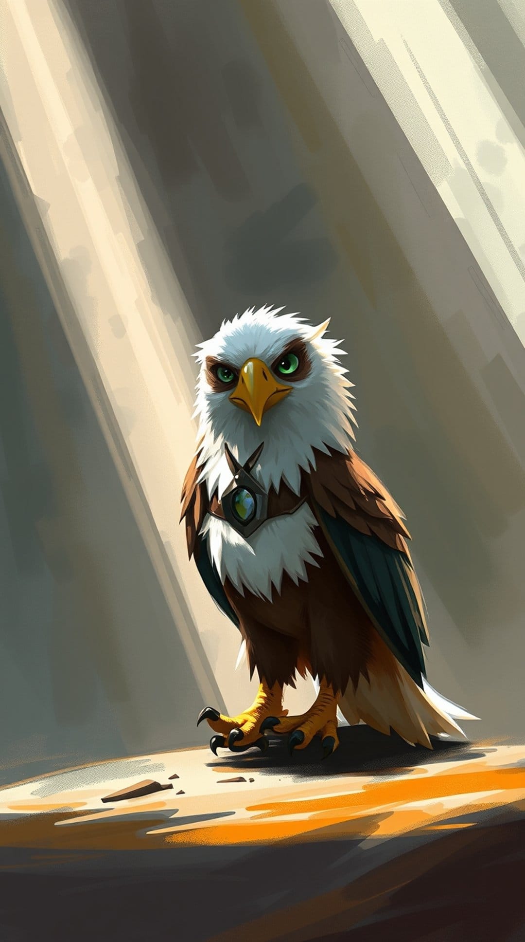 White-headed eagle wearing a leather harness with a green emerald stone perched on a rock in rayed lighting.