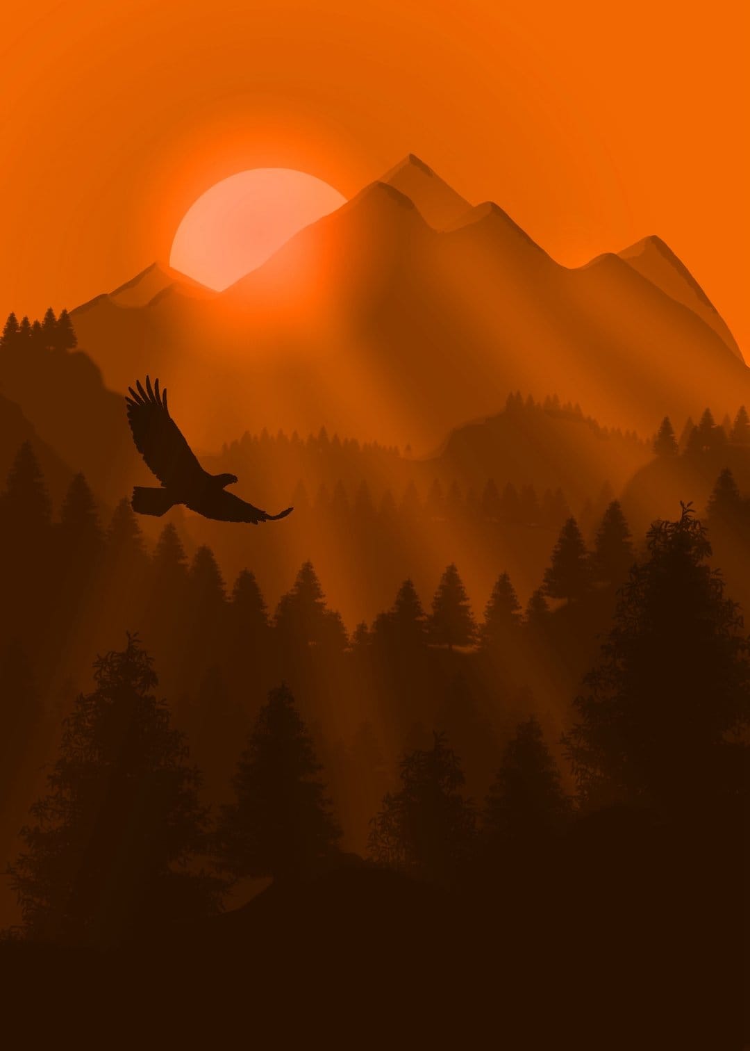 Eagle silhouette flying over misty mountain peaks and a pine forest during a vibrant orange sunset.