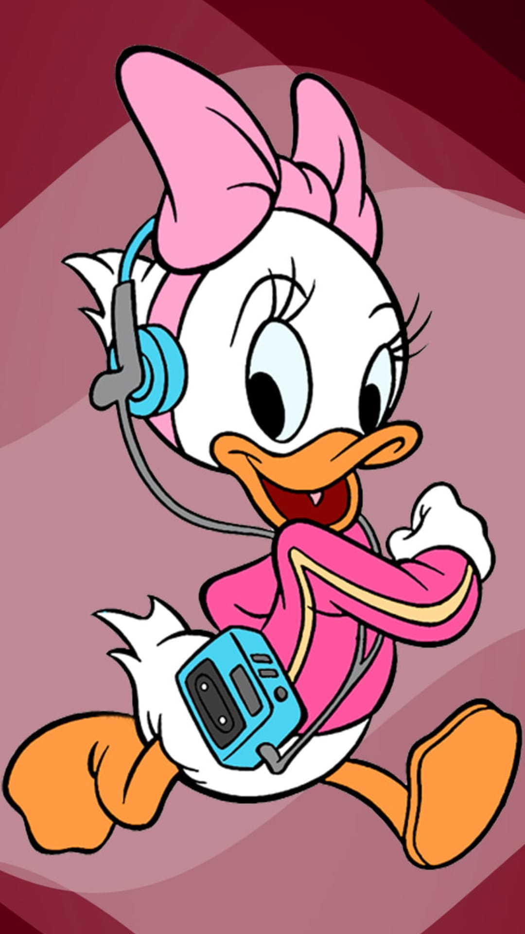 Daisy Duck jogs wearing blue headphones, a pink bow, and athletic gear with a cheerful expression on her face.