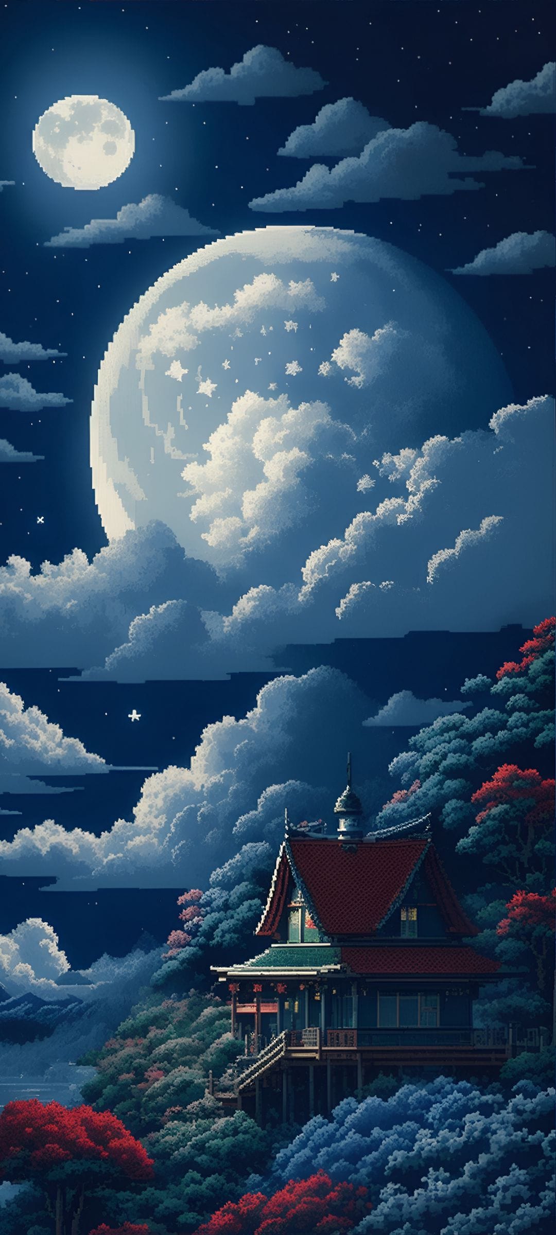 Traditional Japanese house on a dark hillside under a giant glowing moon with red and blue forest trees.