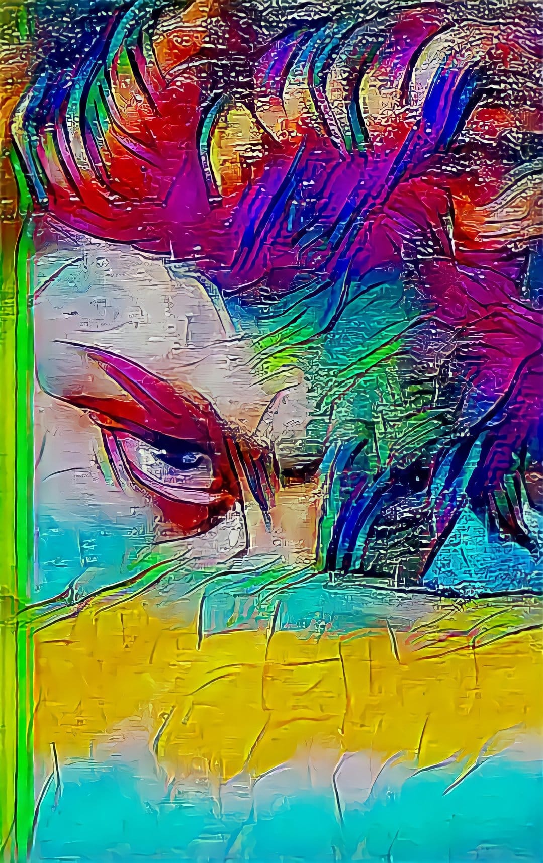 Intense human eyes peer through thick swirls of red, purple, and blue textured paint on a vertical canvas.