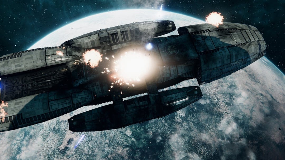 Giant spaceship Columbia sustains explosions while orbiting a blue planet with white clouds in deep space.
