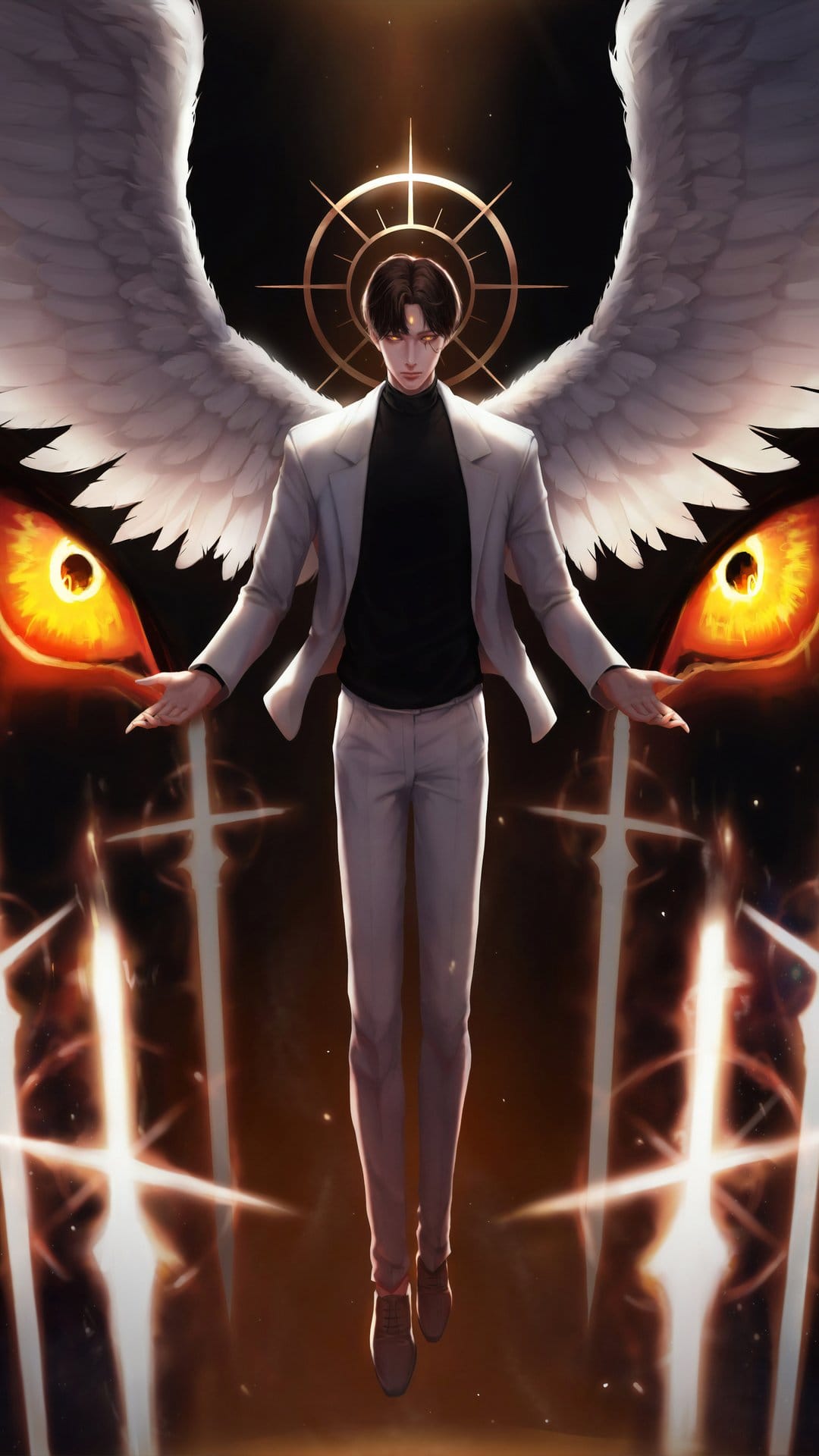 Angelic figure with white wings and glowing golden eyes holds radiant swords against a dark, mystical backdrop.