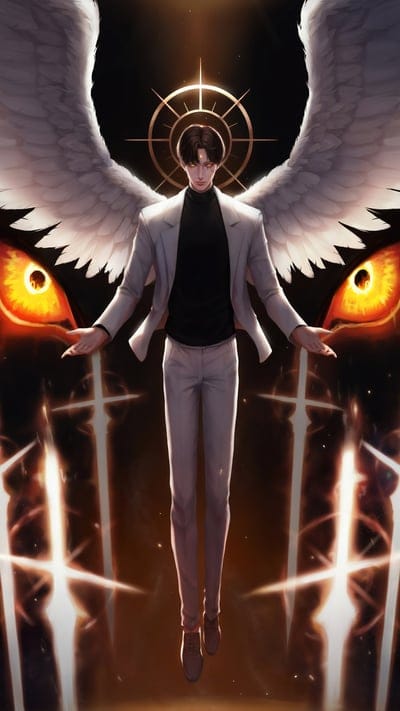 Angelic, Divine, Fantasy Art, Wings, Seraph, Glowing Eyes, Swords, Power, Anime Style, Digital Painting, Mystic, Judgment, Ethereal, Golden Hues, Dark Background