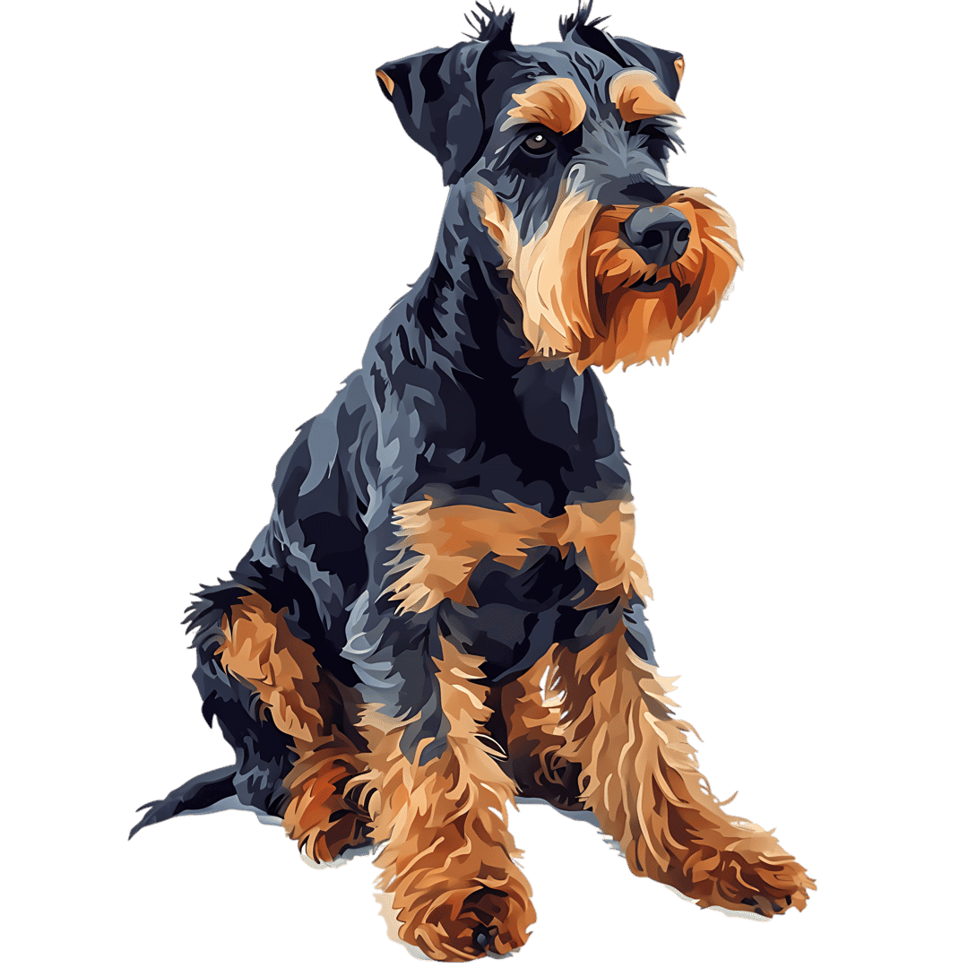 Airedale Terrier sitting attentively with textured black and tan fur against a solid dark background.