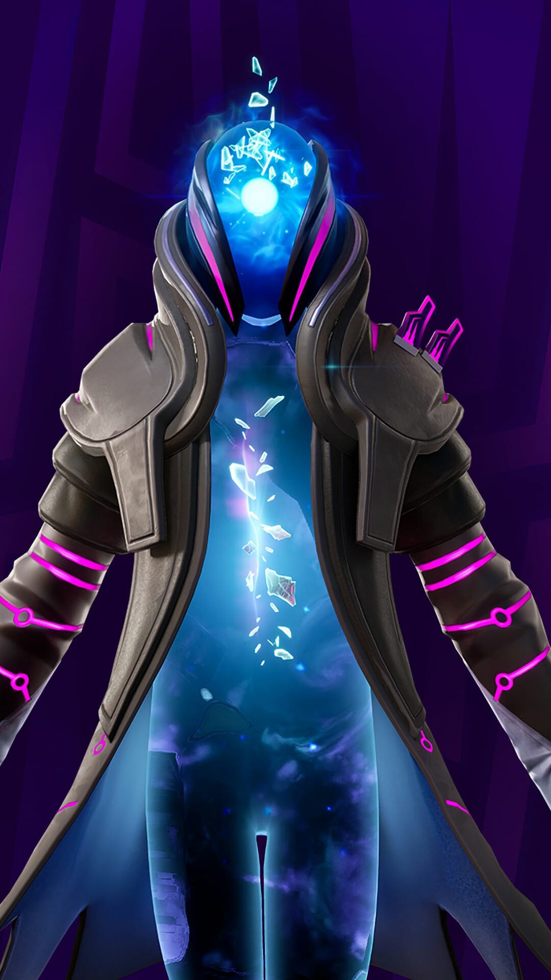 Cosmic figure with a blue galaxy body in a dark coat with glowing pink accents and floating crystal shards.