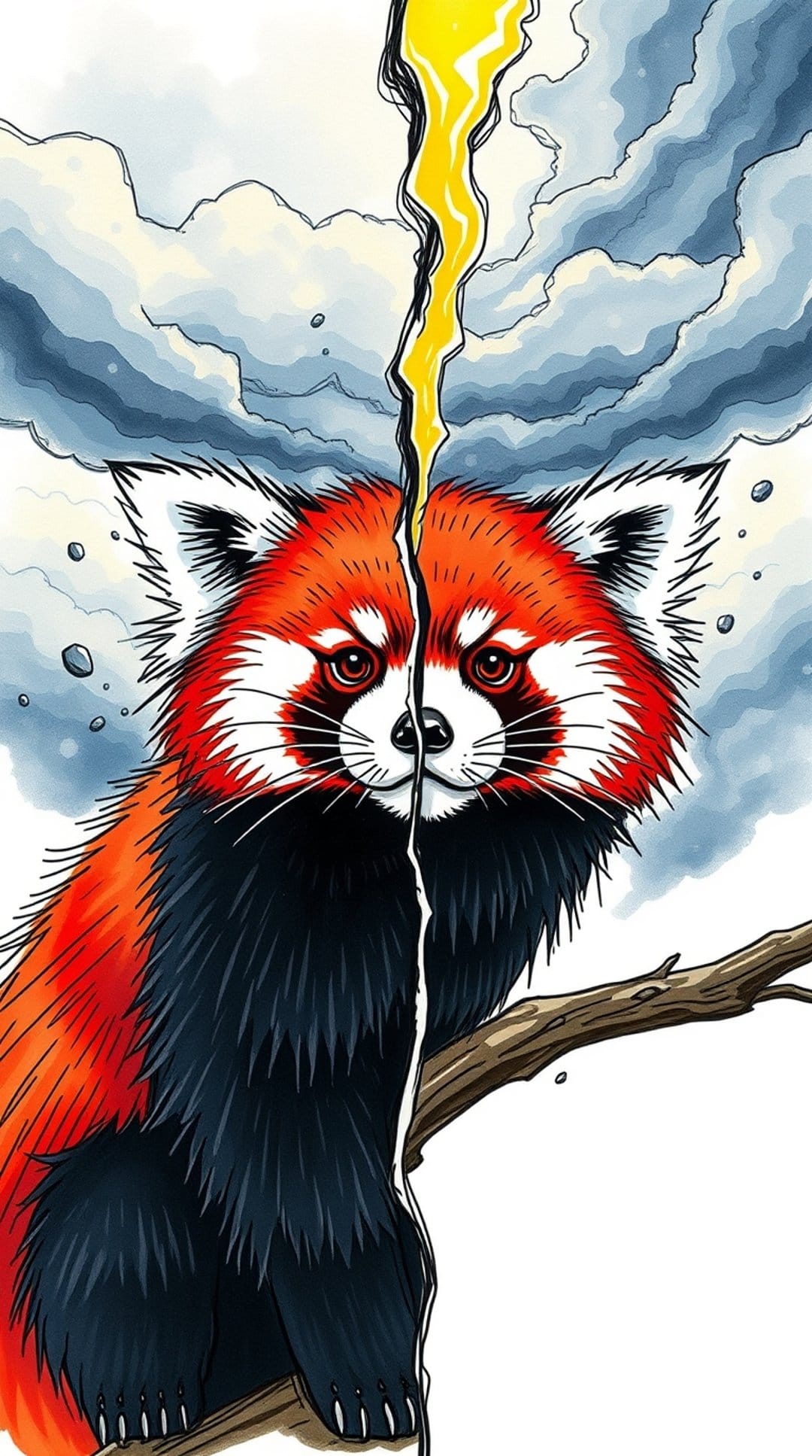 Red panda on a branch is vertically split by a jagged yellow lightning bolt amidst dark blue storm clouds.