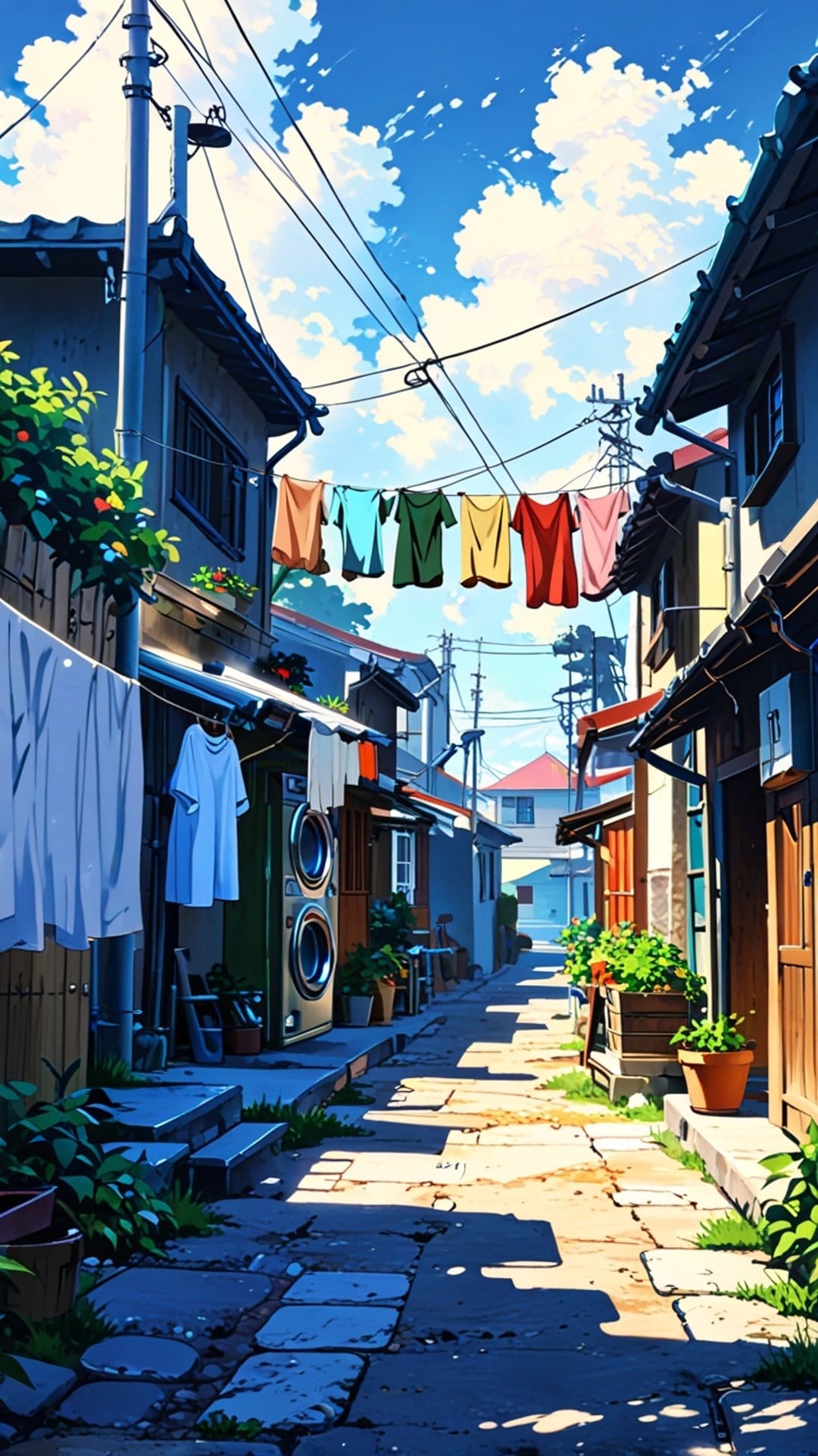 Fresh laundry hangs on a clothesline within a sunlit Japanese alleyway under a bright blue sky with fluffy clouds.