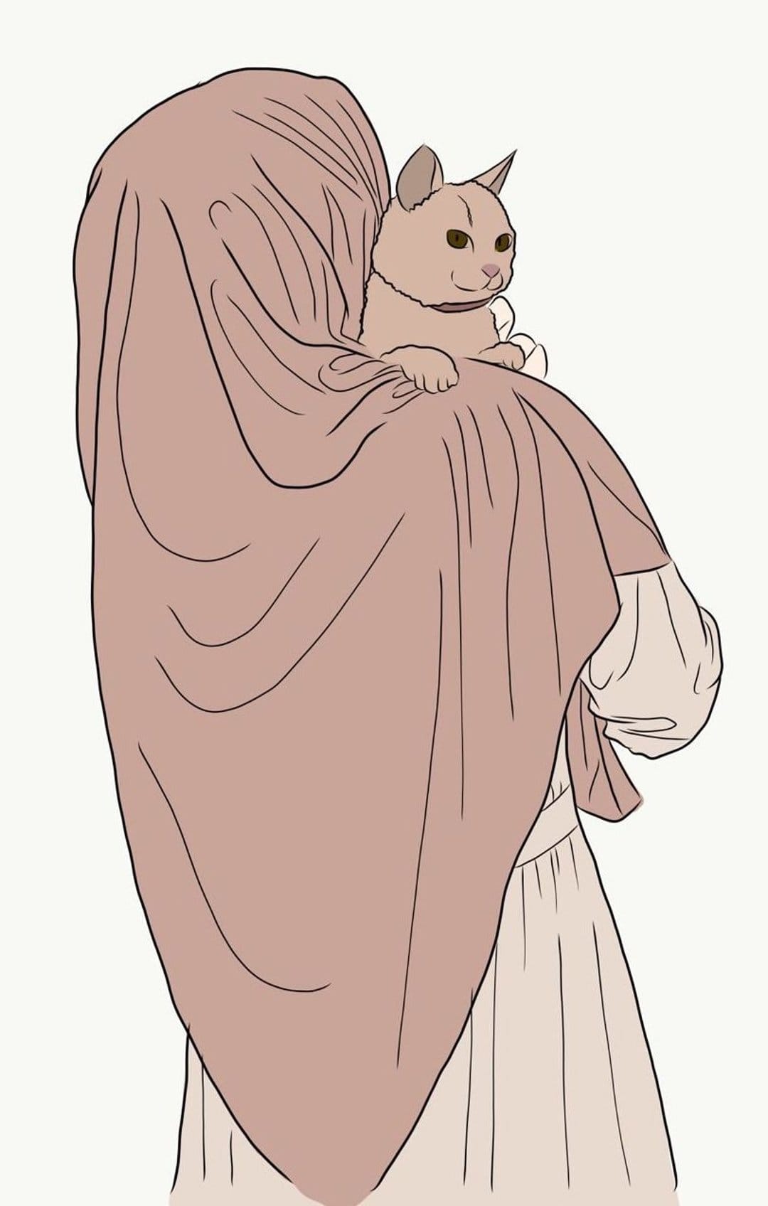 Woman wearing a light brown hijab and cream dress with a small cat perched on her shoulder in soft line art.