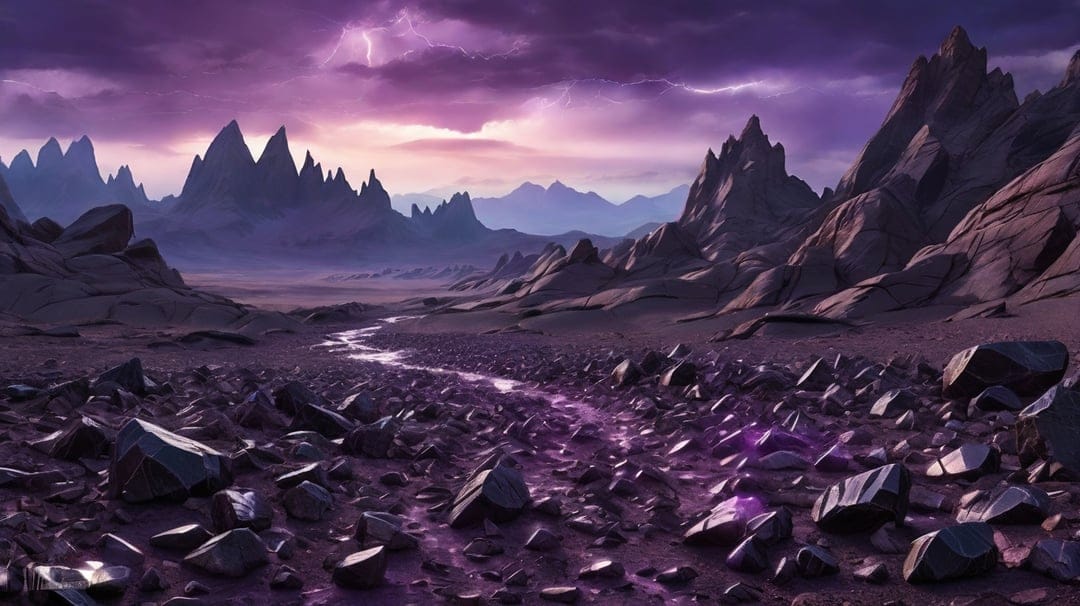 Jagged violet mountains overlook a glowing stream under a dark purple sky with lightning on an alien world.