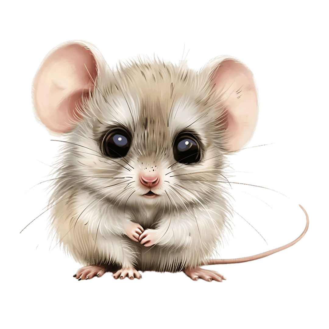 Baby gerbil rodent with brown fur and large black eyes sits holding paws against a solid black background.