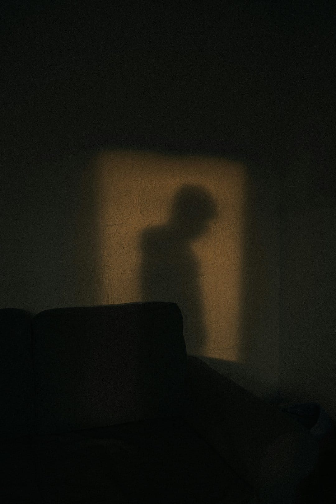 Human shadow projected onto a bright rectangular patch of light on a textured wall behind a dark sofa.