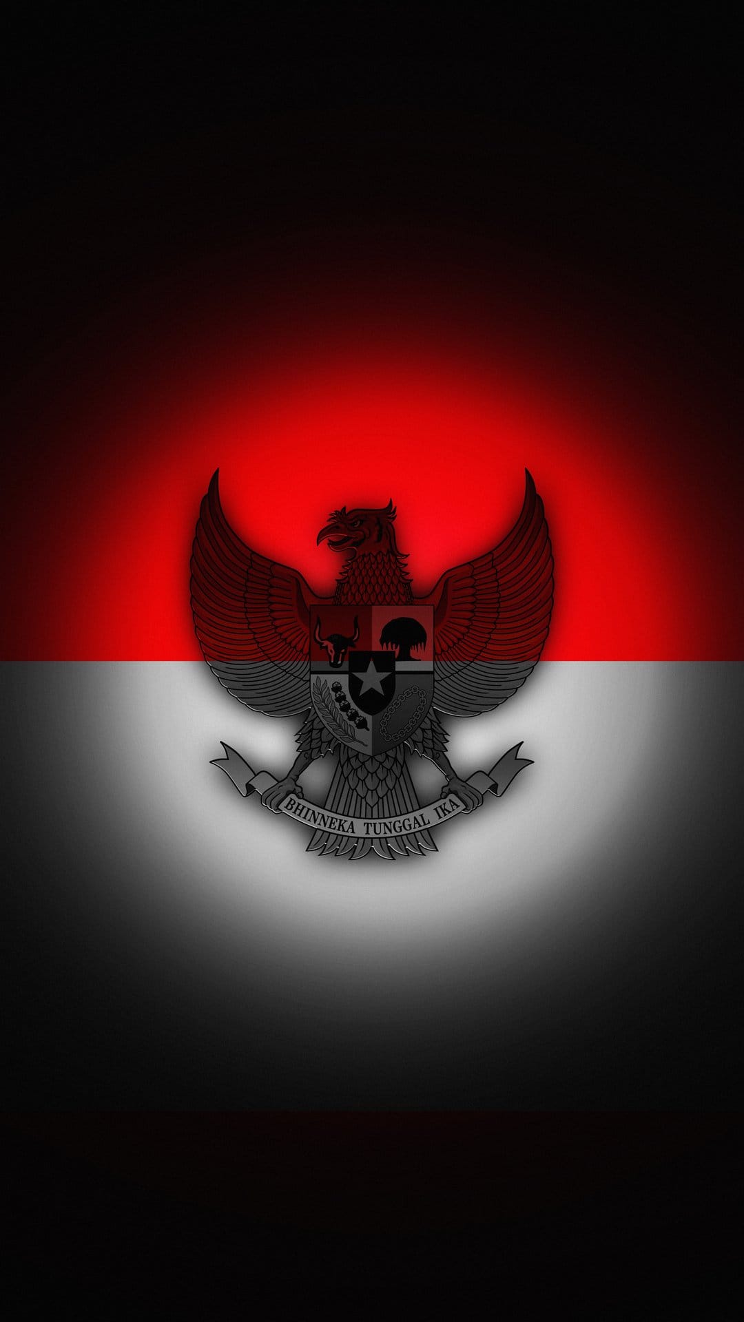 Garuda Pancasila eagle crest superimposed on the Indonesian red and white flag with deep, cinematic shadows.
