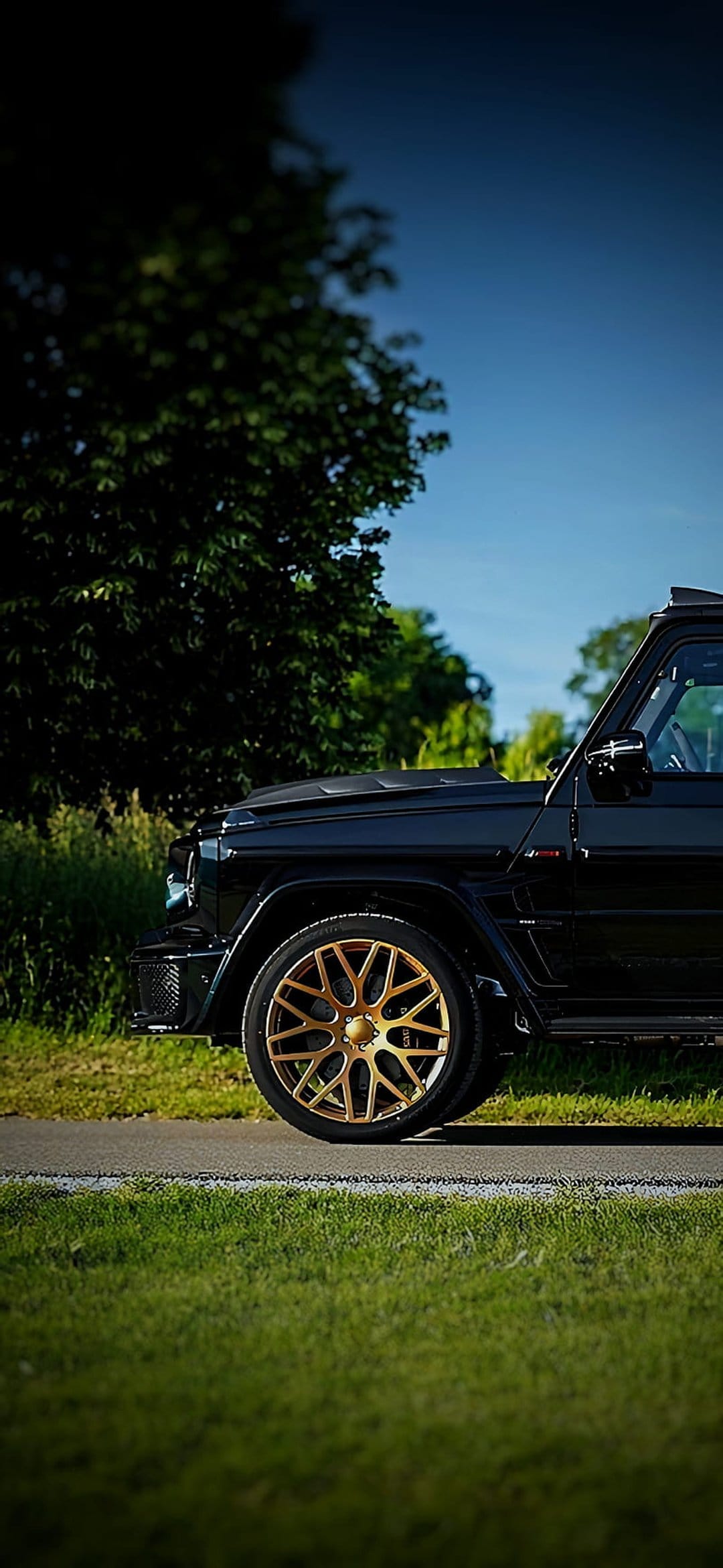 Black luxury SUV with custom gold wheels parked on a grassy roadside under a clear blue sky in a side profile.