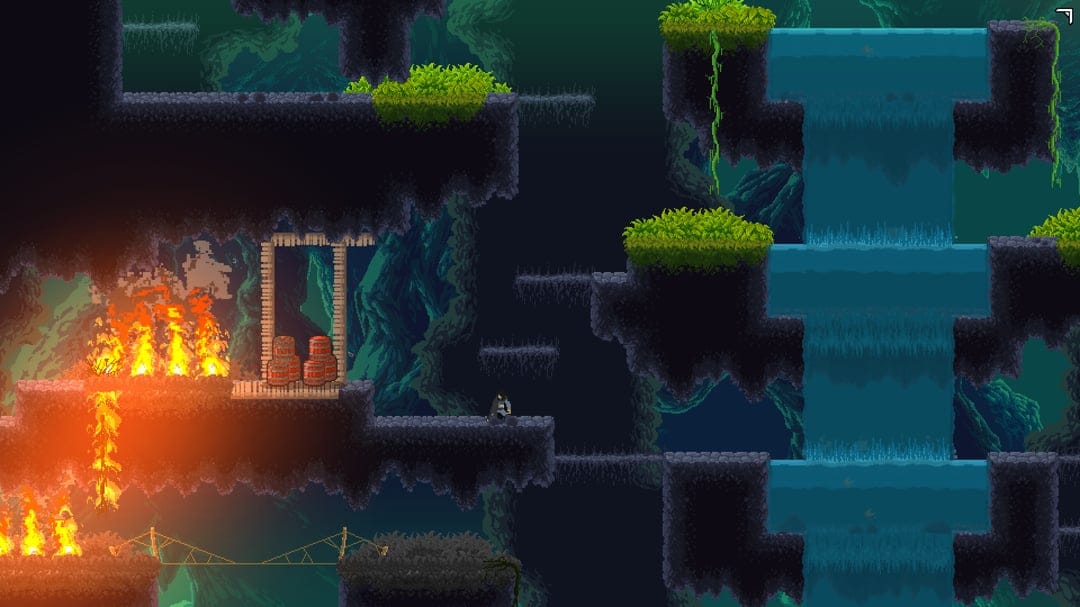 A cloaked character sits in a dark pixel cave with tiered waterfalls and a glowing fire near wooden barrels.