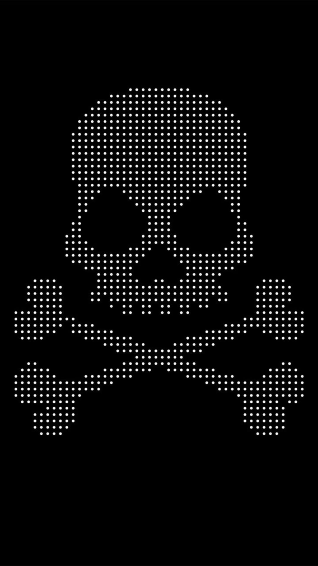 White skull and crossbones formed by small dots on a black background in a pixelated graphic style.