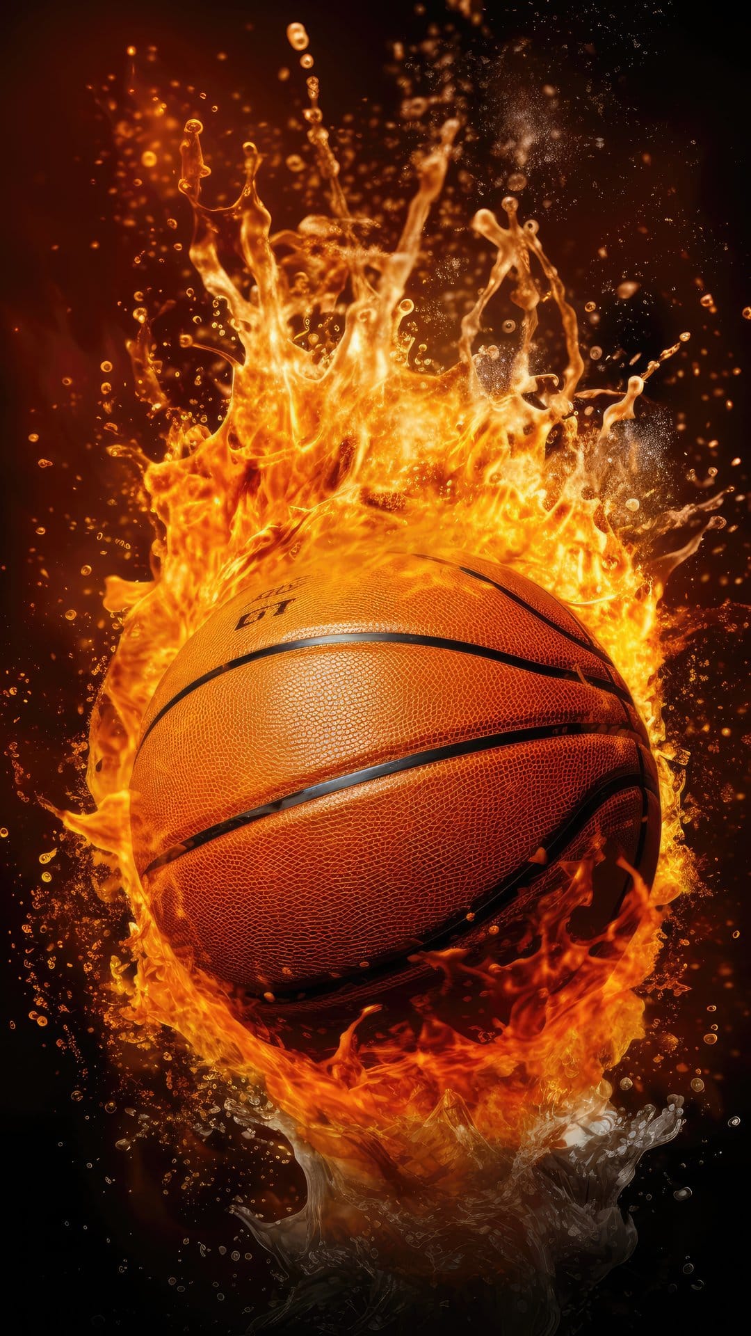 Basketball engulfed in orange fire and blue water splashes with sharp liquid droplets against a dark background.