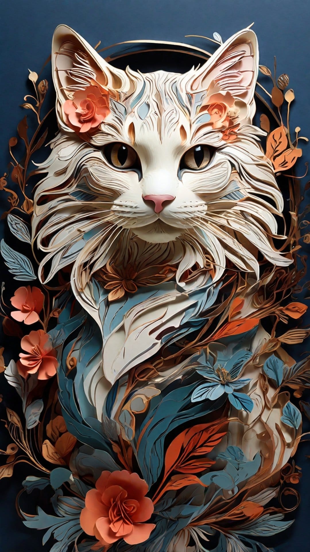 White cat with amber eyes framed by layered paper flowers in shades of coral and teal on a navy background.