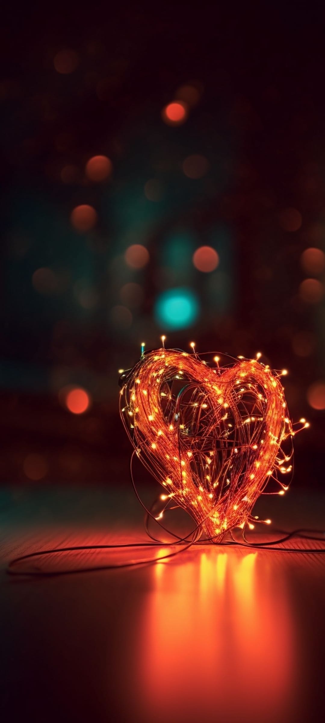 Heart-shaped wire sculpture illuminated by orange fairy lights reflecting on a dark, glossy surface with bokeh.