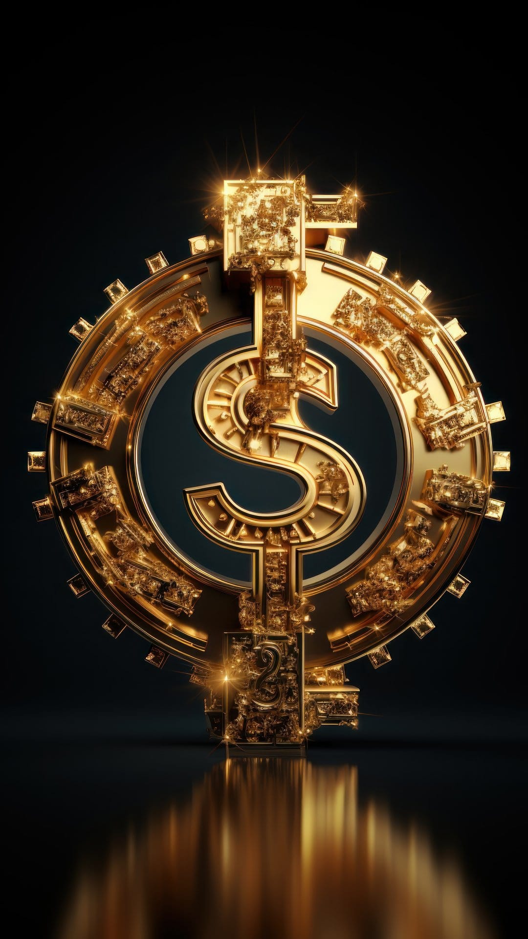 Golden dollar sign sits inside a large mechanical gear wheel with light reflections on a dark glossy surface.