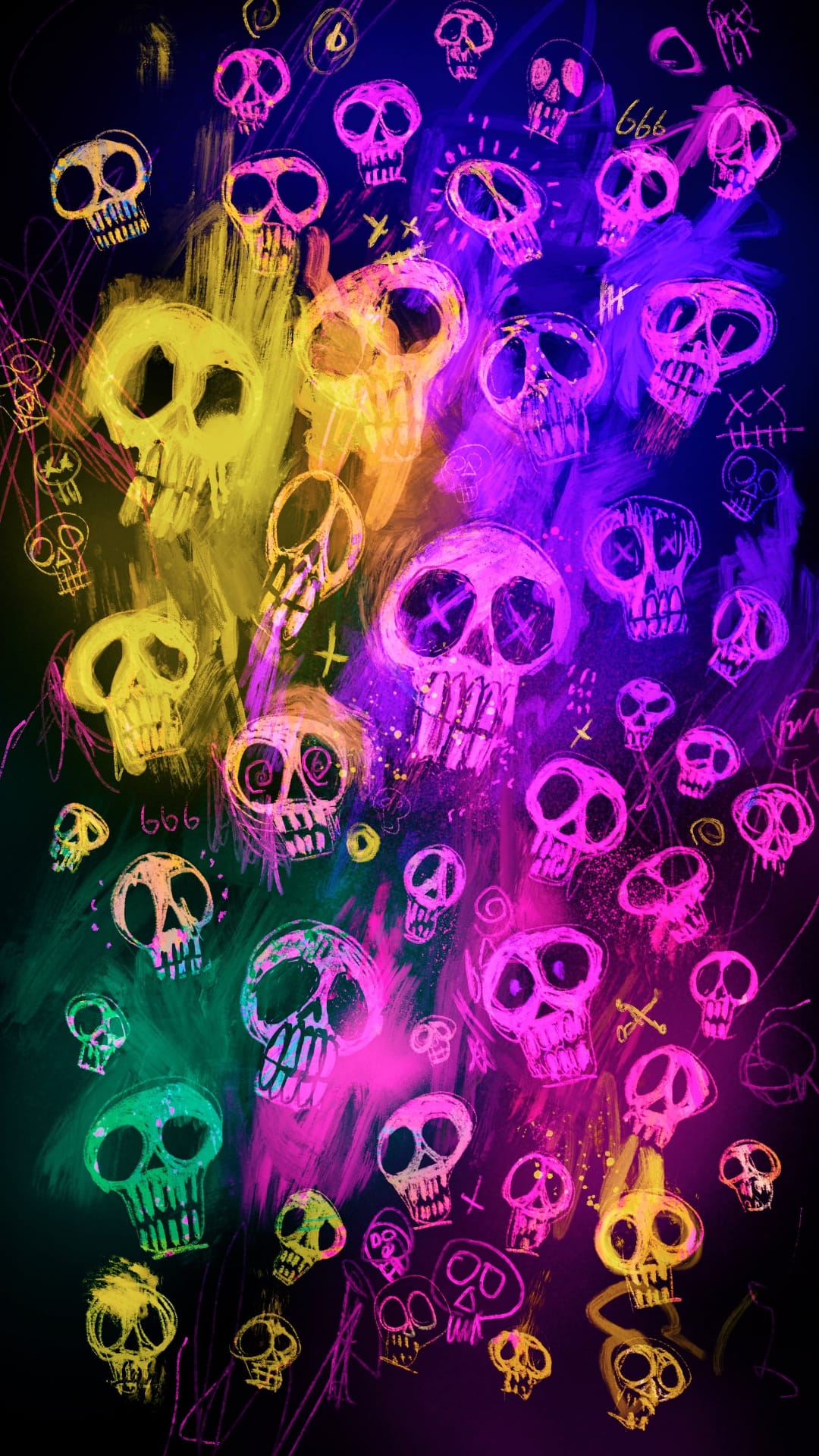 Hand-drawn skulls in neon pink and green overlap with sketchy lines and the number 666 on a black background.