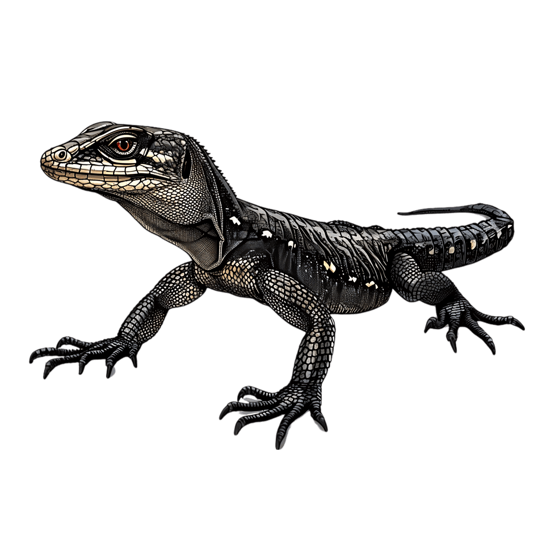 Monochrome lizard illustration featuring detailed scale textures and glowing orange eyes on a dark background.