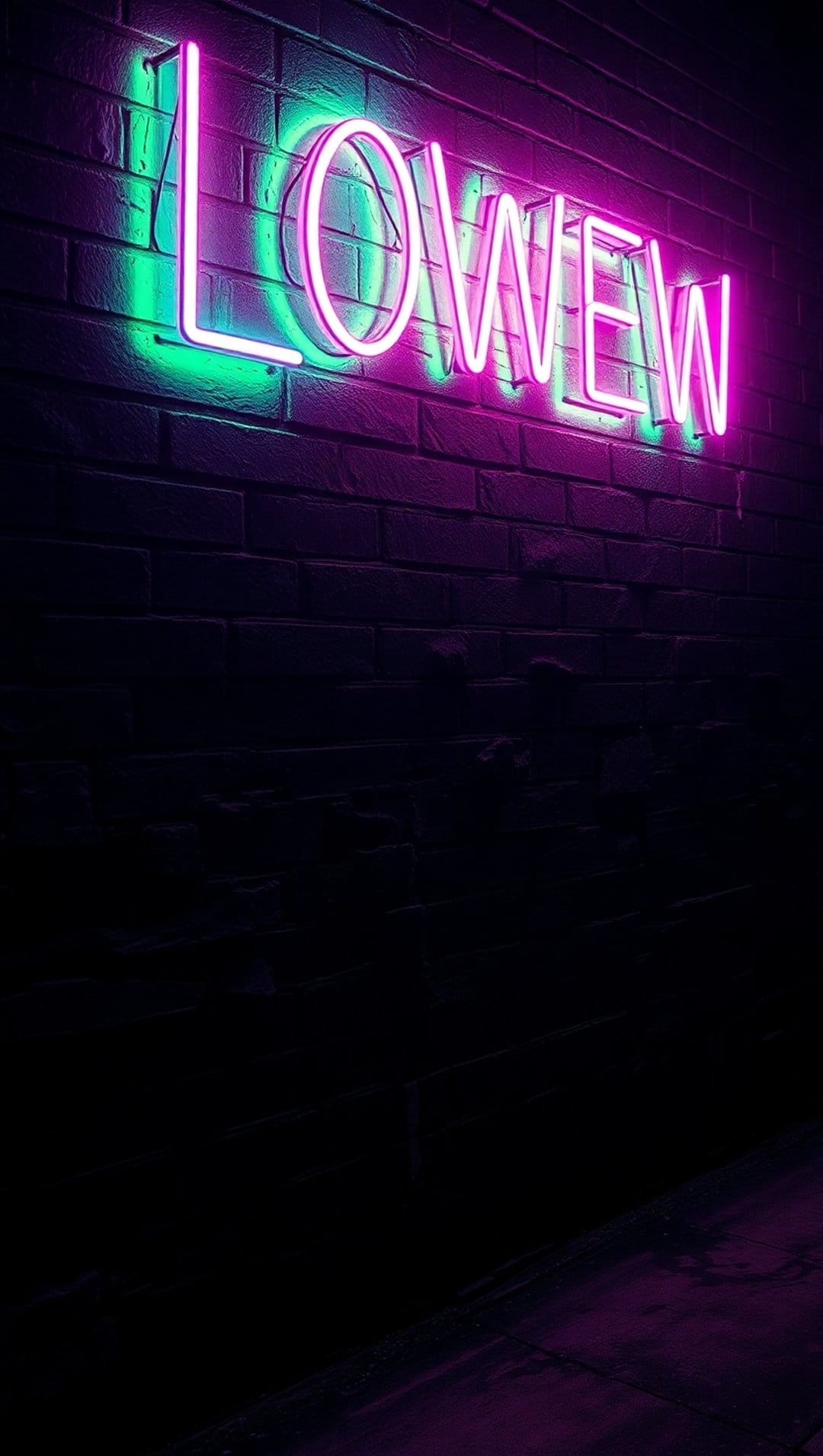 LOWEW neon sign in pink and green letters glowing on a dark textured brick wall with colorful light reflections.