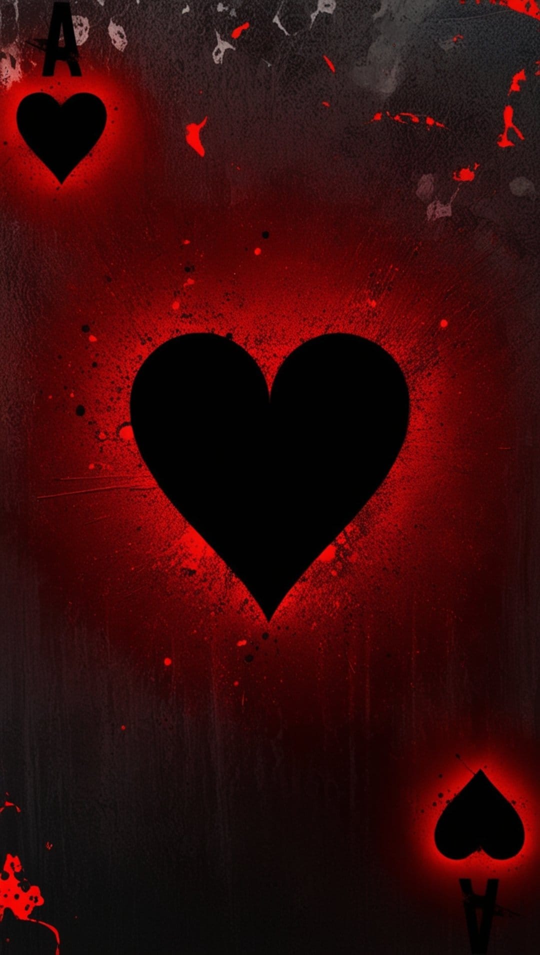 Ace of Hearts card featuring a radiant red heart symbol and crimson splatters against a dark texture.
