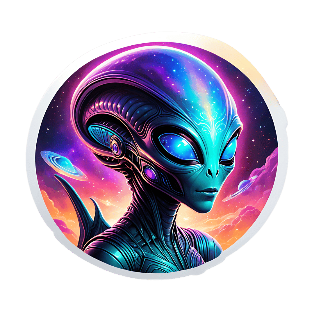 Teal alien character sticker features glowing blue eyes and iridescent skin within a circular nebula frame.