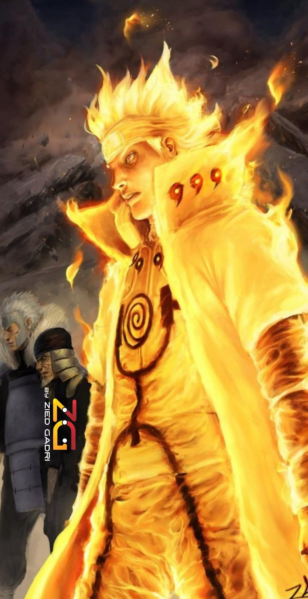 Naruto Uzumaki in Sage Mode glowing with yellow chakra while Hashirama and Tobirama Senju stand in the background.