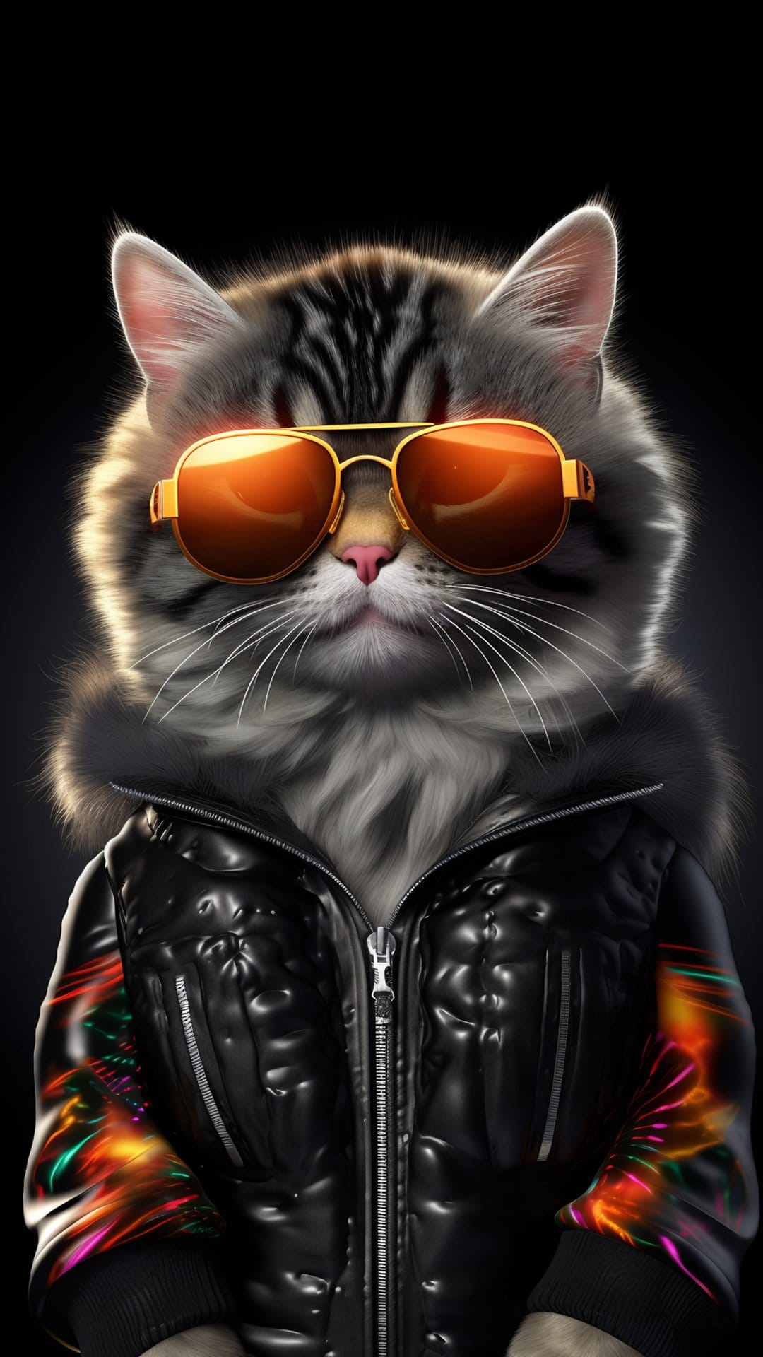 Tabby cat in gold aviator sunglasses and a black leather jacket with colorful sleeve art against a dark backdrop.