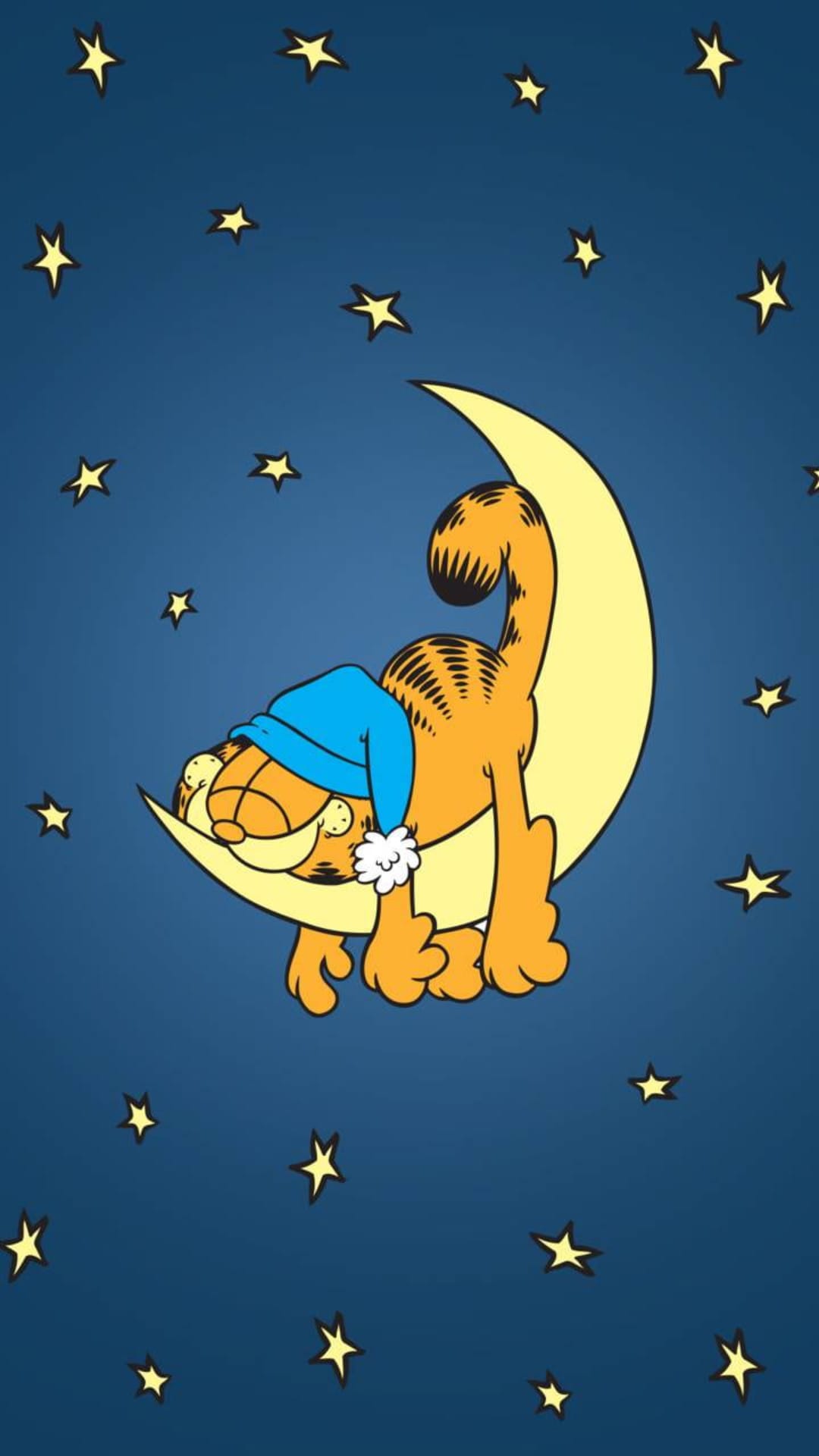 Garfield the cat sleeps on a yellow crescent moon wearing a blue nightcap against a starry navy night sky.