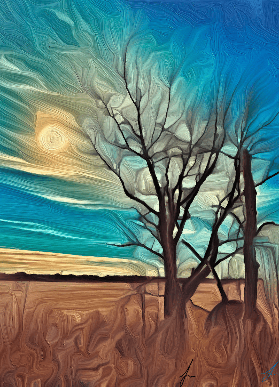 Bare trees silhouetted against a golden swirling sky with thick oil paint textures and a glowing sun.