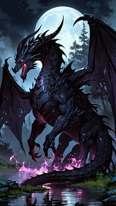 Obsidian,Dragon,Moon,Trees,Dragon,Big,Cool,Dragon Wallpaper,Ai Wallpaper,Art,Wallpaper,Animal