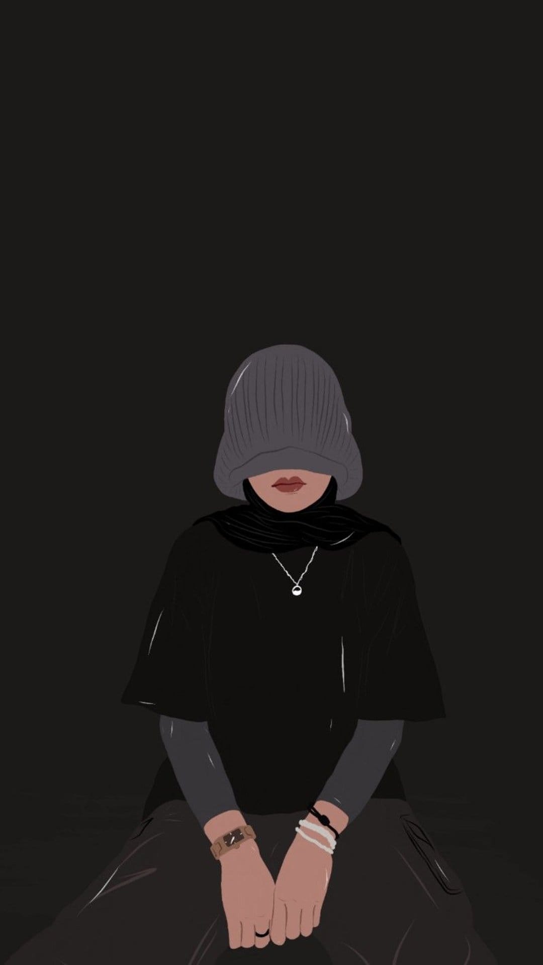 Hijabi woman wearing a grey beanie and black outfit with silver jewelry against a dark, minimalist background.