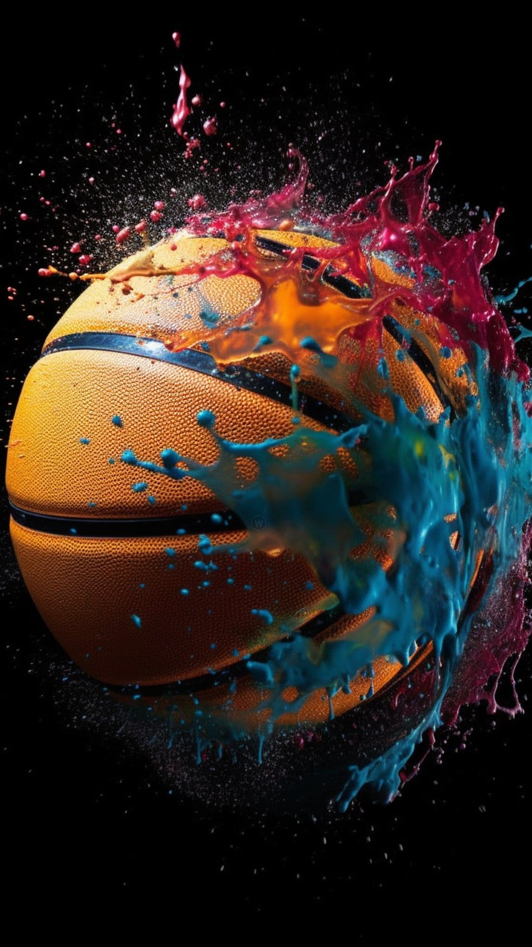 Basketball bursting with electric blue and hot pink paint splashes against a dark, textured background.
