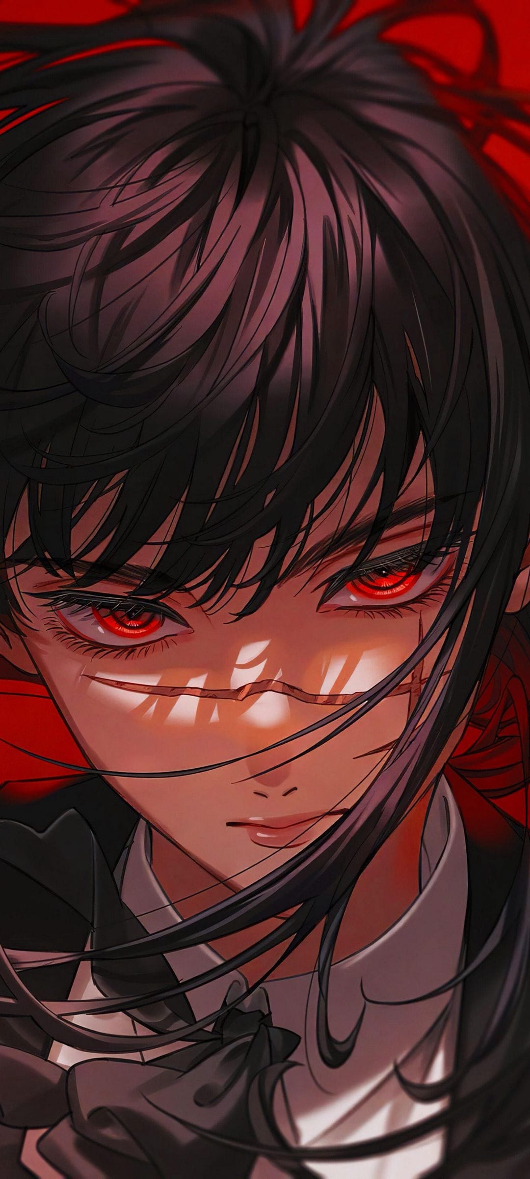 Dark-haired young woman with glowing red eyes wearing a black suit jacket and white shirt against a red backdrop.