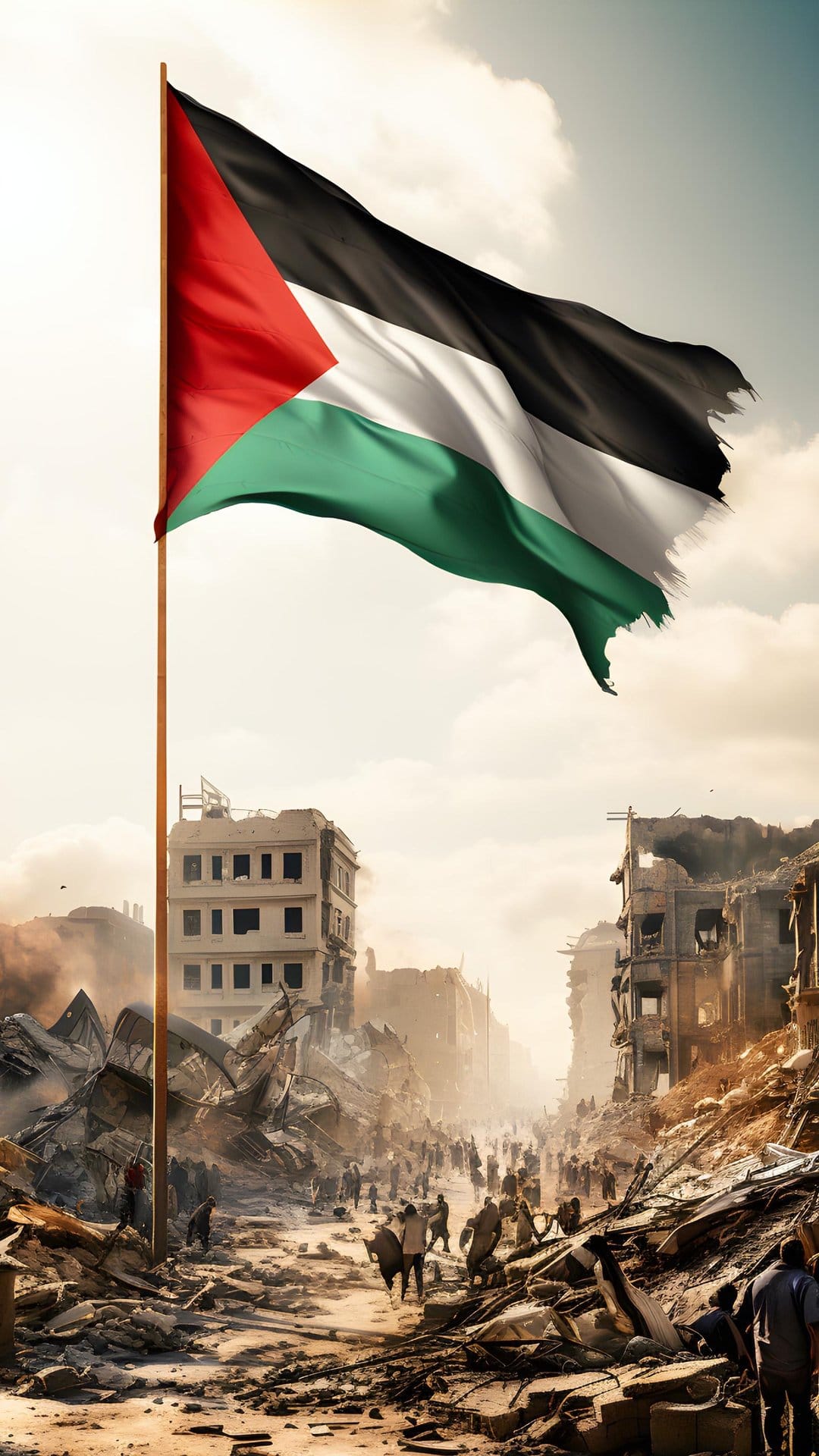 Palestinian flag waves over a rubble-strewn street and damaged buildings with distant pedestrians in Gaza.