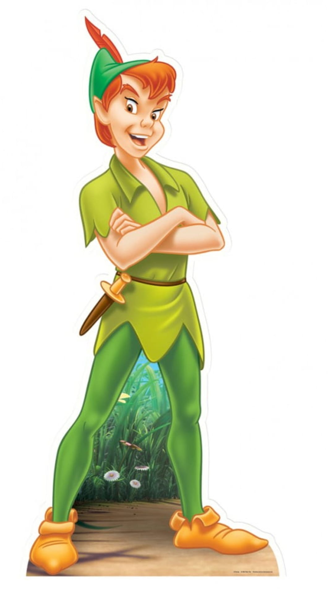 Peter Pan with arms crossed wearing a green tunic and feathered cap standing in a lush tropical forest landscape.