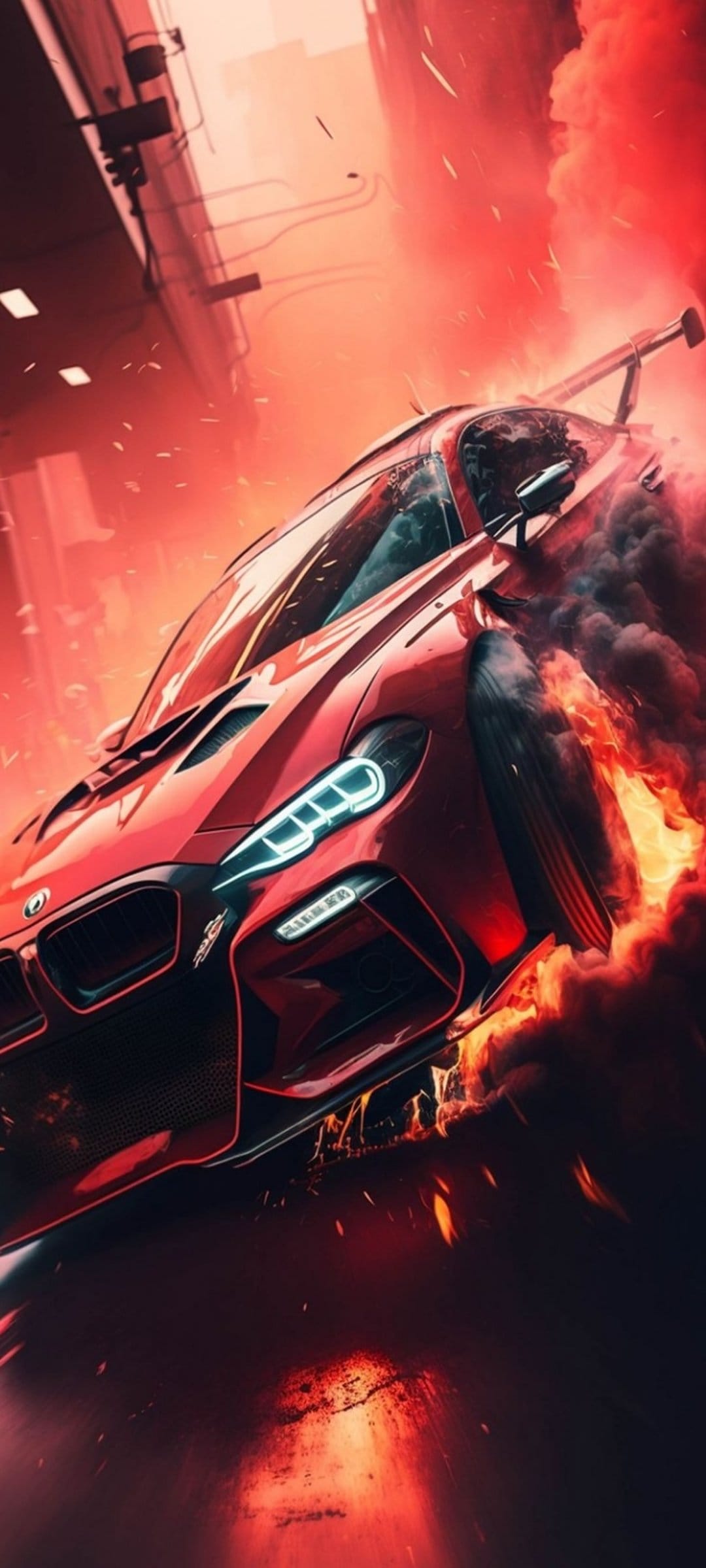 Red sports car engulfed in orange flames and dark smoke speeding through a city at night with flying sparks.