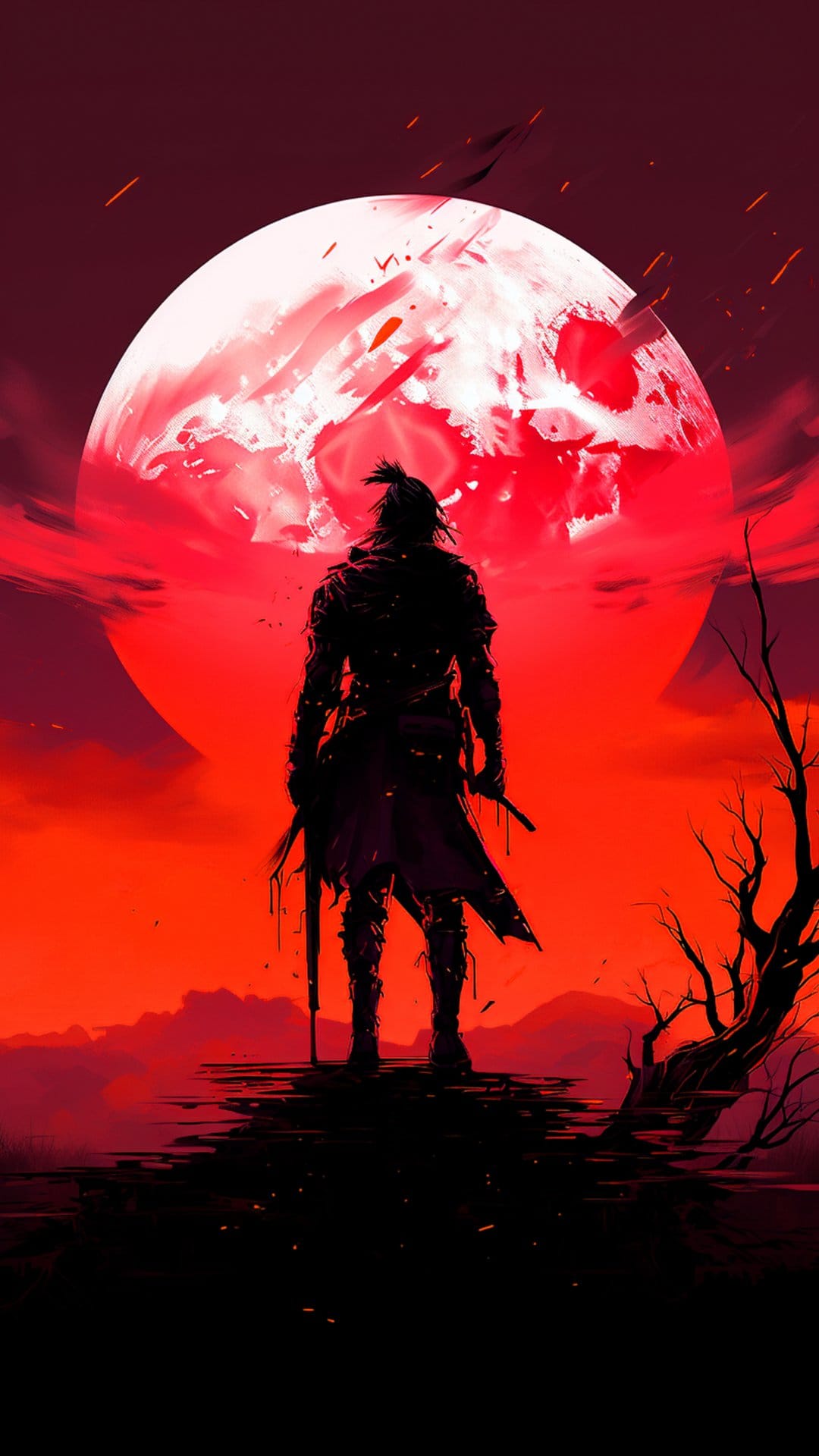 Samurai warrior with dual katanas stands before a giant red blood moon, a gnarled tree, and mountain peaks.
