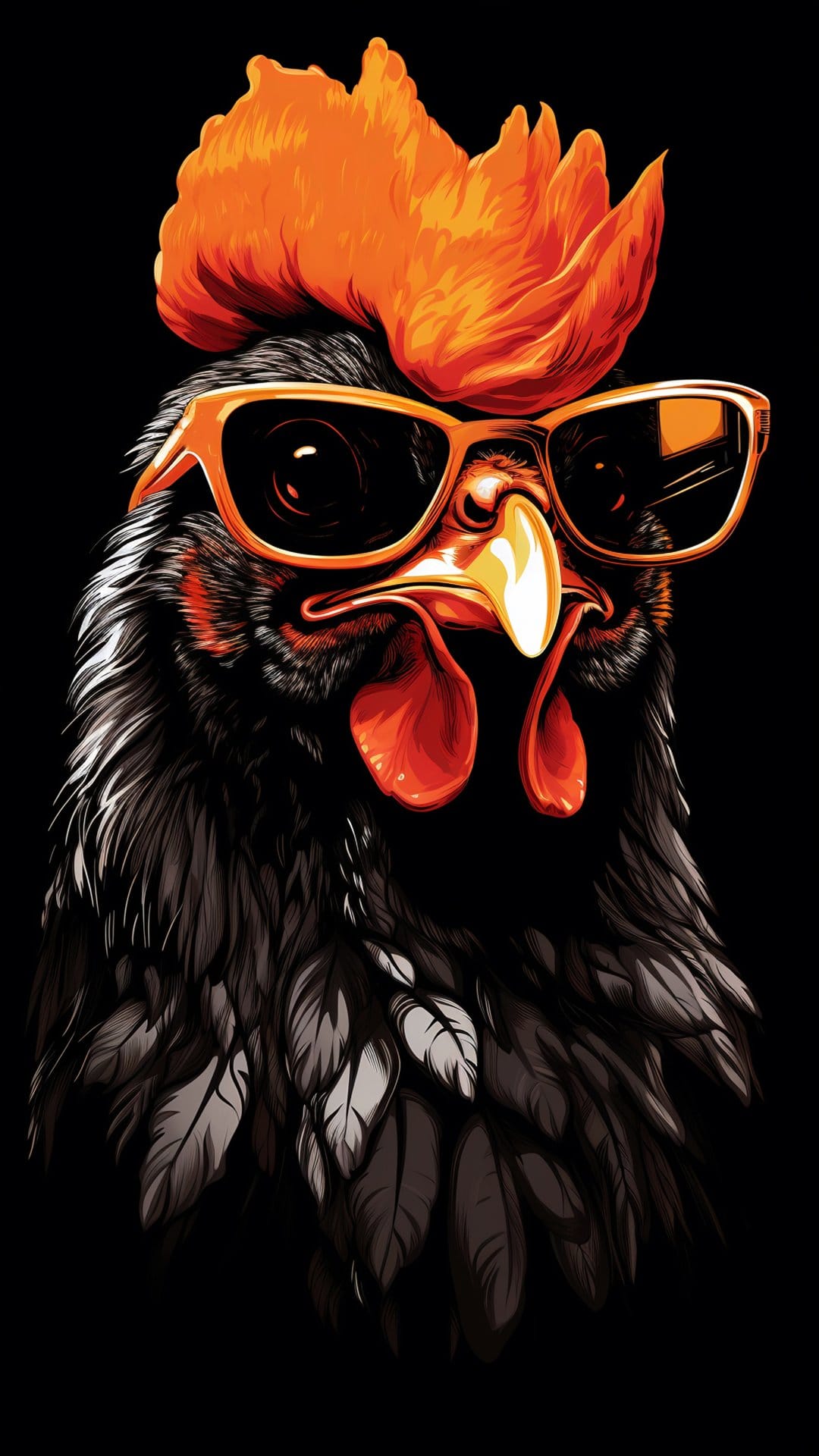 Rooster wearing orange sunglasses and a bright orange comb against a solid black backdrop with textured feathers.