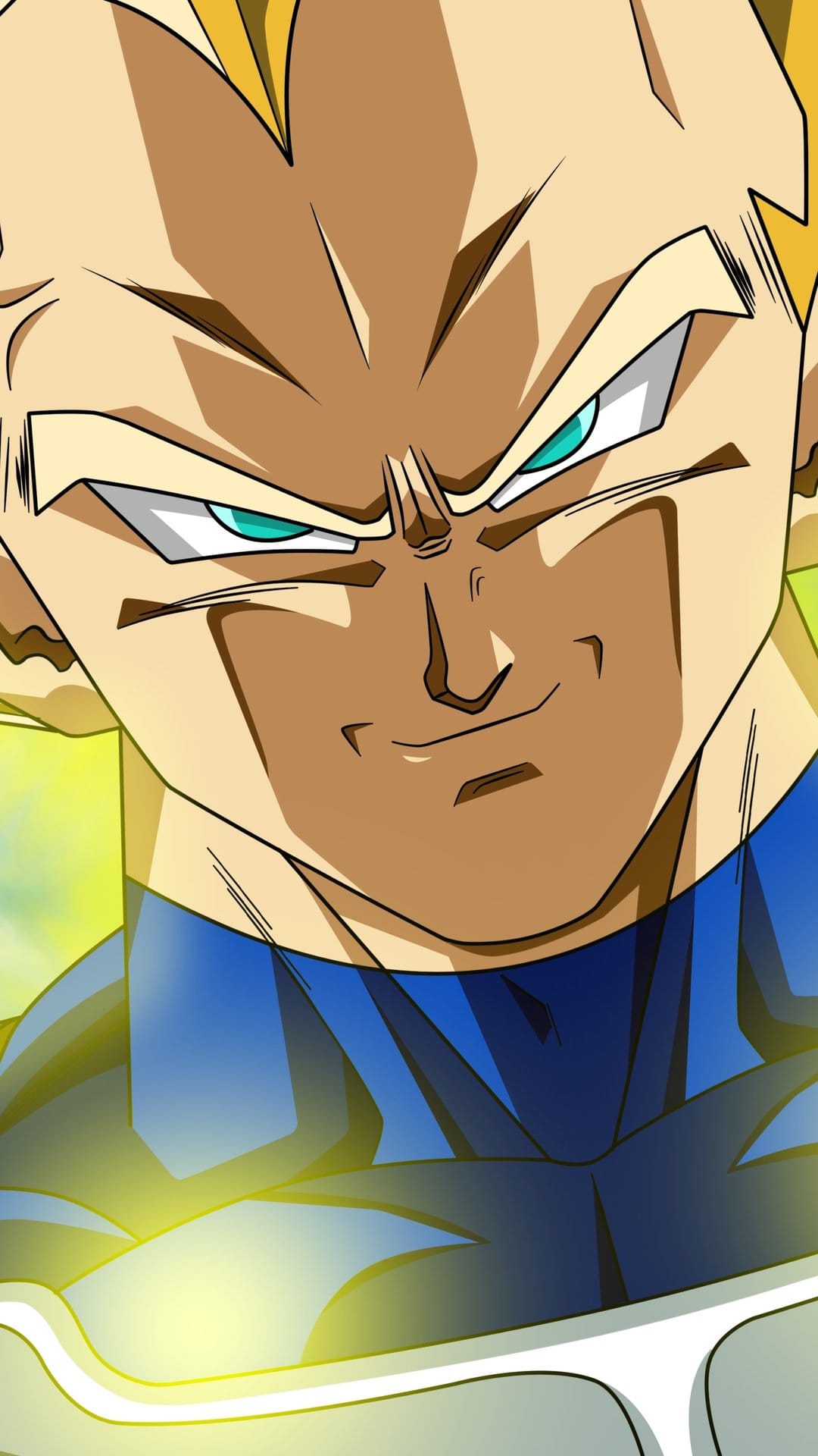 Vegeta with spiky blonde hair and glowing teal eyes smirks while surrounded by a shimmering yellow energy aura.